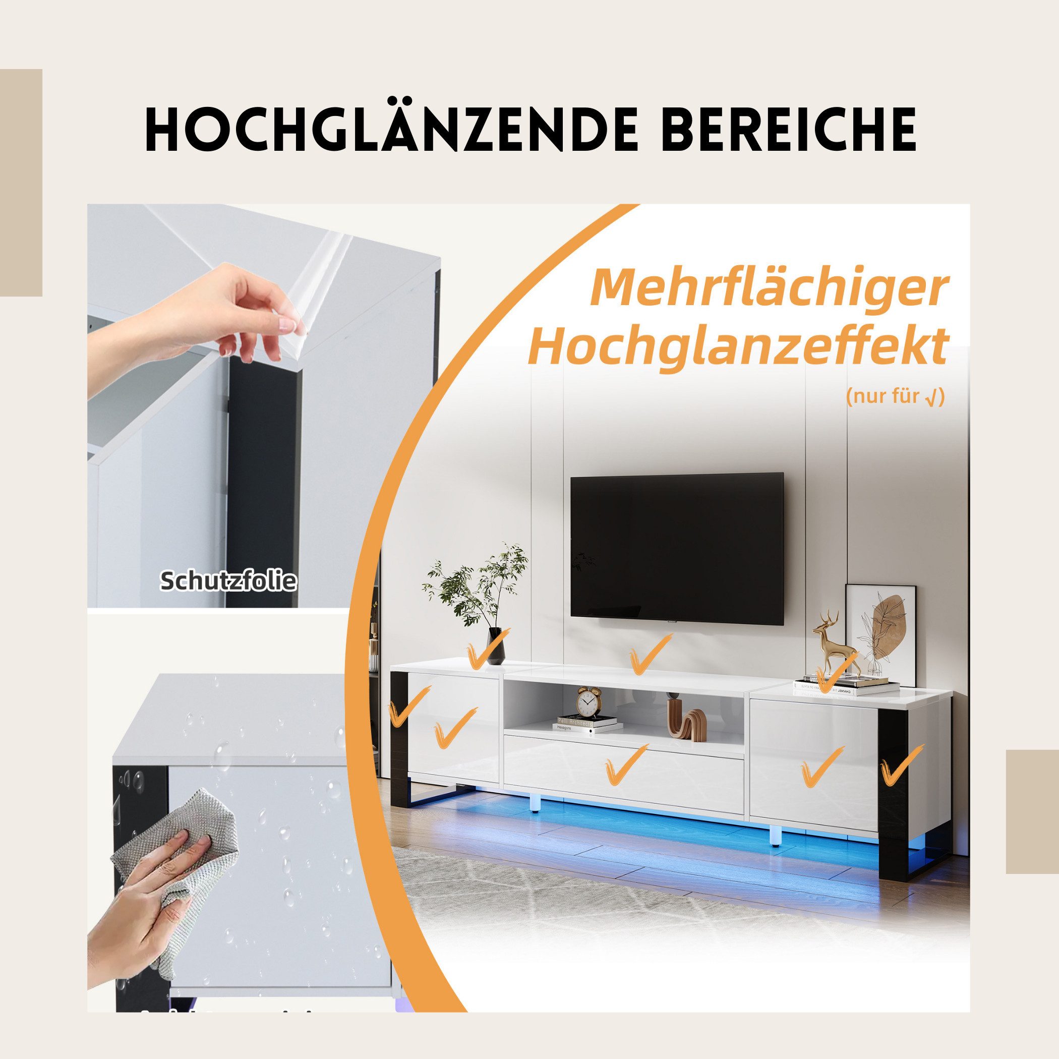 SeedWave Lowboard Moderner TV-Schrank LED Fernsehtisch mit Stauraum, Kabeldurchführung, Mit Verstellbare Einlegeböden, Rückprallstellsetzung