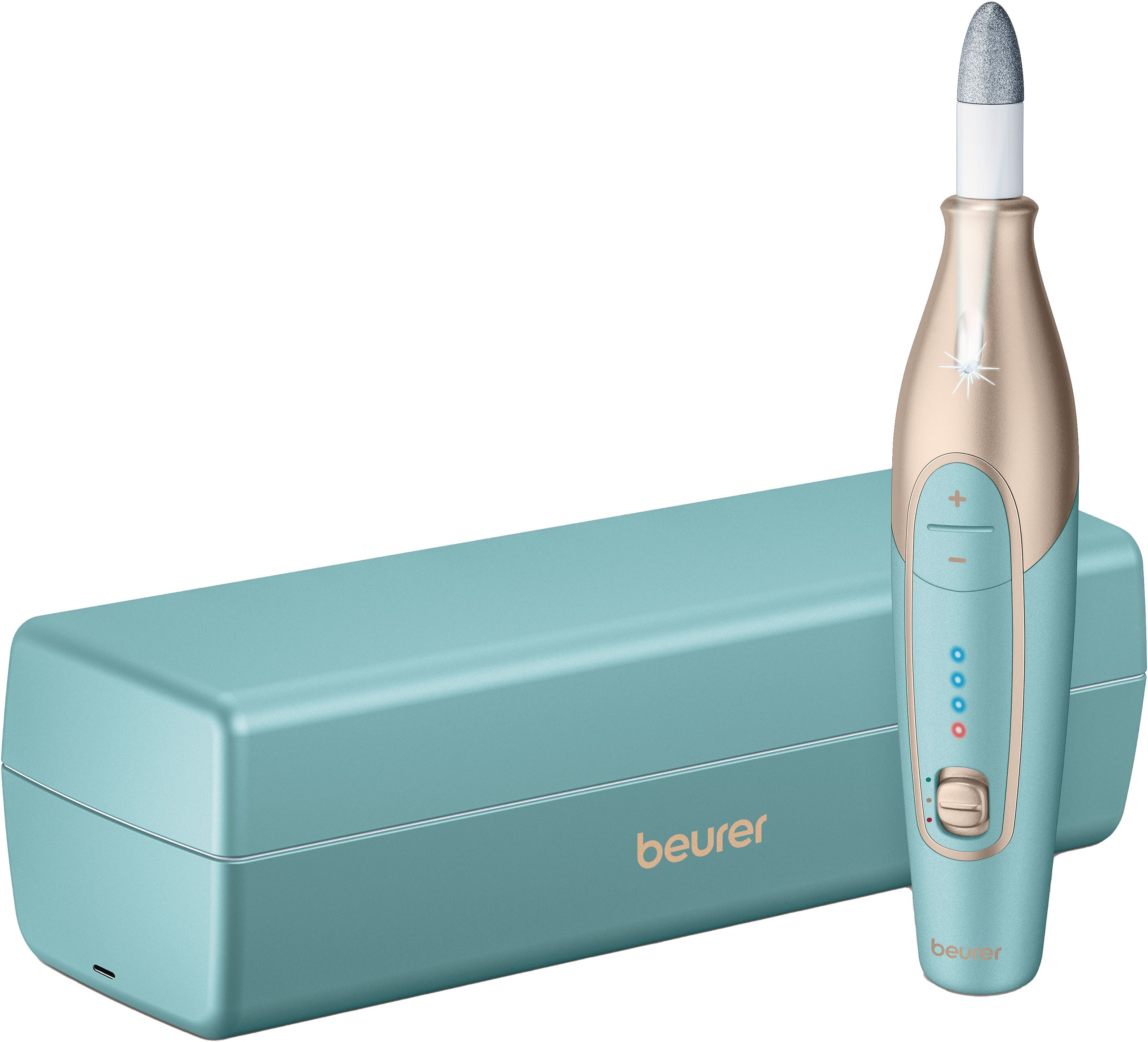 BEURER Maniküre-Pediküre-Set MP 84 elektrische Nagelfeile, kabellos mit Lade- und Aufbewahrungsetui, Mit 10 Aufsätzen, LED-Licht, Abschaltautomatik und Ladekontrollanzeige