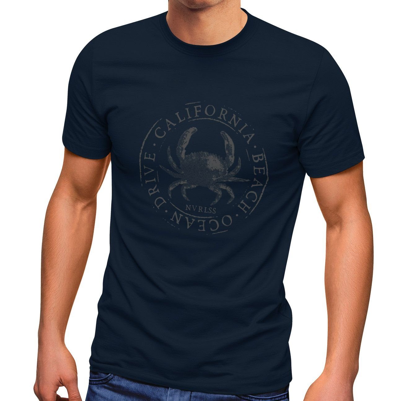 Neverless® T-Shirt Print Ocean Krebs Herren Drive Crab Beach Neverless Krabbe Streetstyle Sommer Fashion navy California mit Print-Shirt