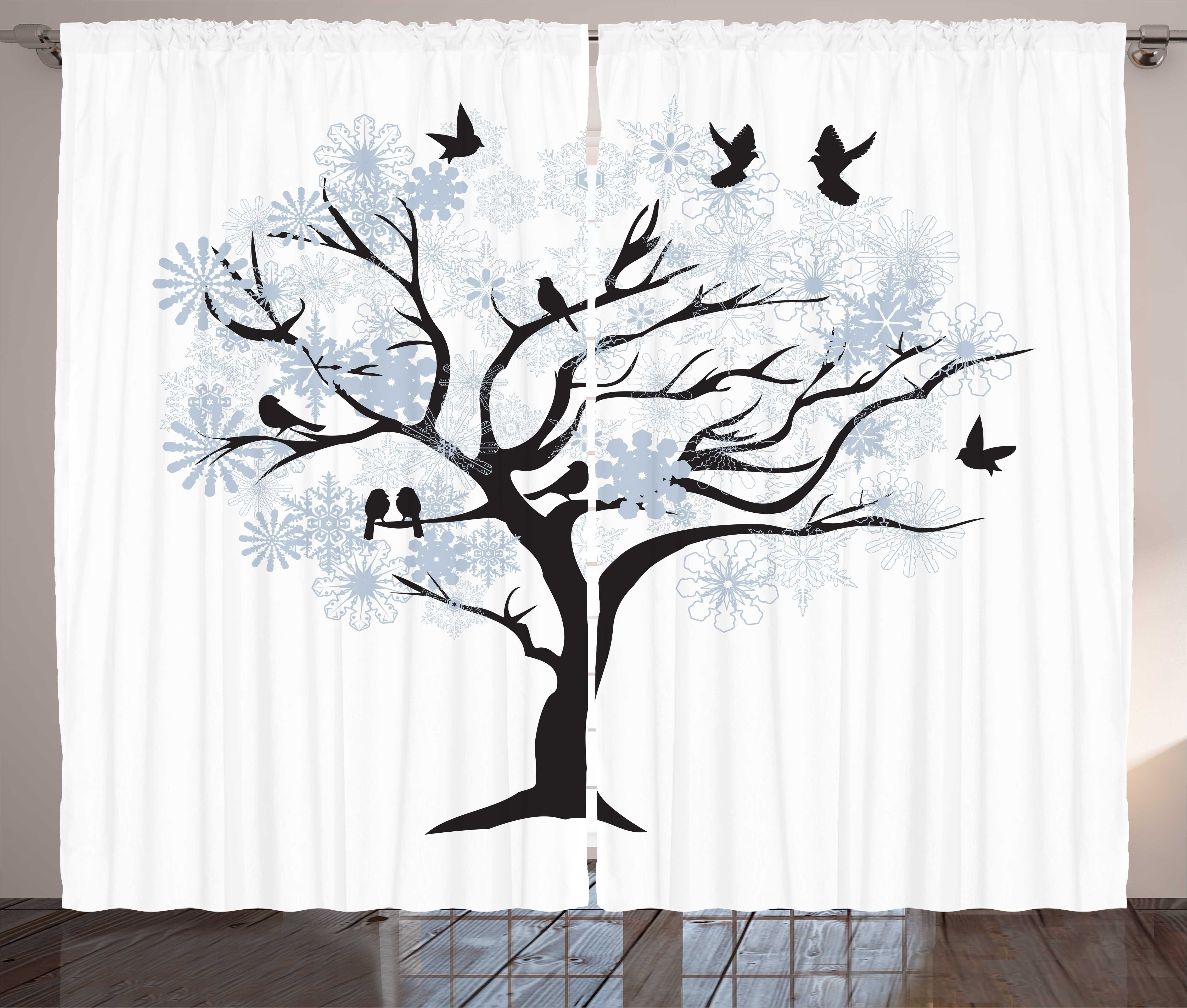 Gardine Schlafzimmer Kräuselband Vorhang mit Schlaufen und Haken, Abakuhaus, Snowy-Bäume Zweige mit Vögeln