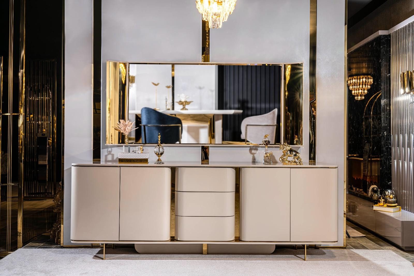 JVmoebel Sideboard Beige Anrichte mit Spiegel aus Holz und Metall im modernen Design (2 St., Anrichte + Spiegel), Made in Europa