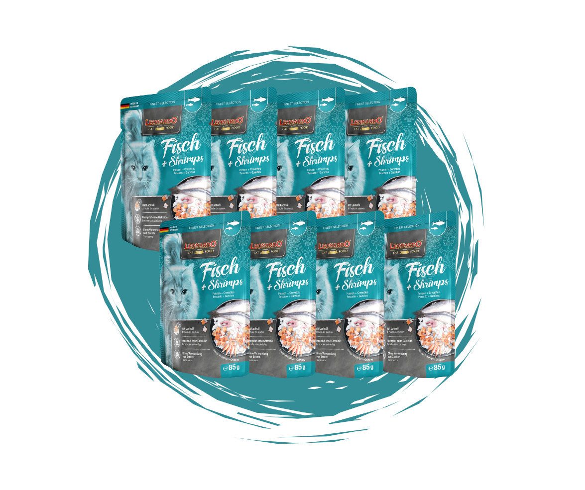 Leonardo Catfood Leonardo Frischebeutel Bundle - 8x85g verschiedene Sorten im Mixpaket Fisch & Shrimps, Nassfutter für: Katzen