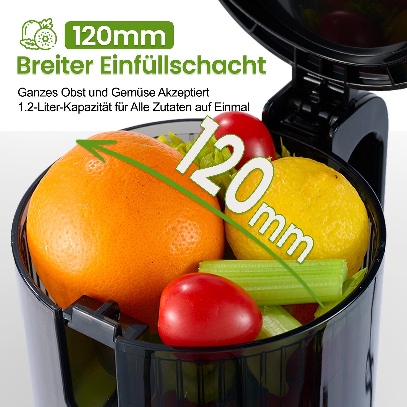 VENTRAY Slow Juicer Entsafter MAX 120,120 mm XXL-Einfüllschacht, geräuscharmer Betrieb, 250 W, Kaltpress-Technologie, doppeltes Filtersystem, Rückwärtslauf, BPA-frei