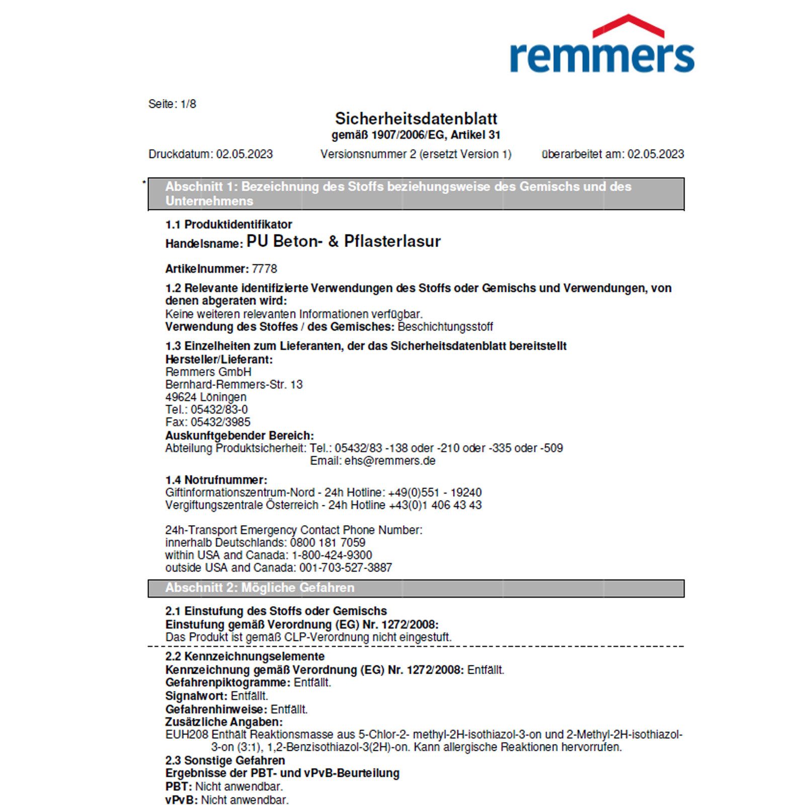 Remmers Lasur PU Beton- und Pflasterlasur 2,5 LTR