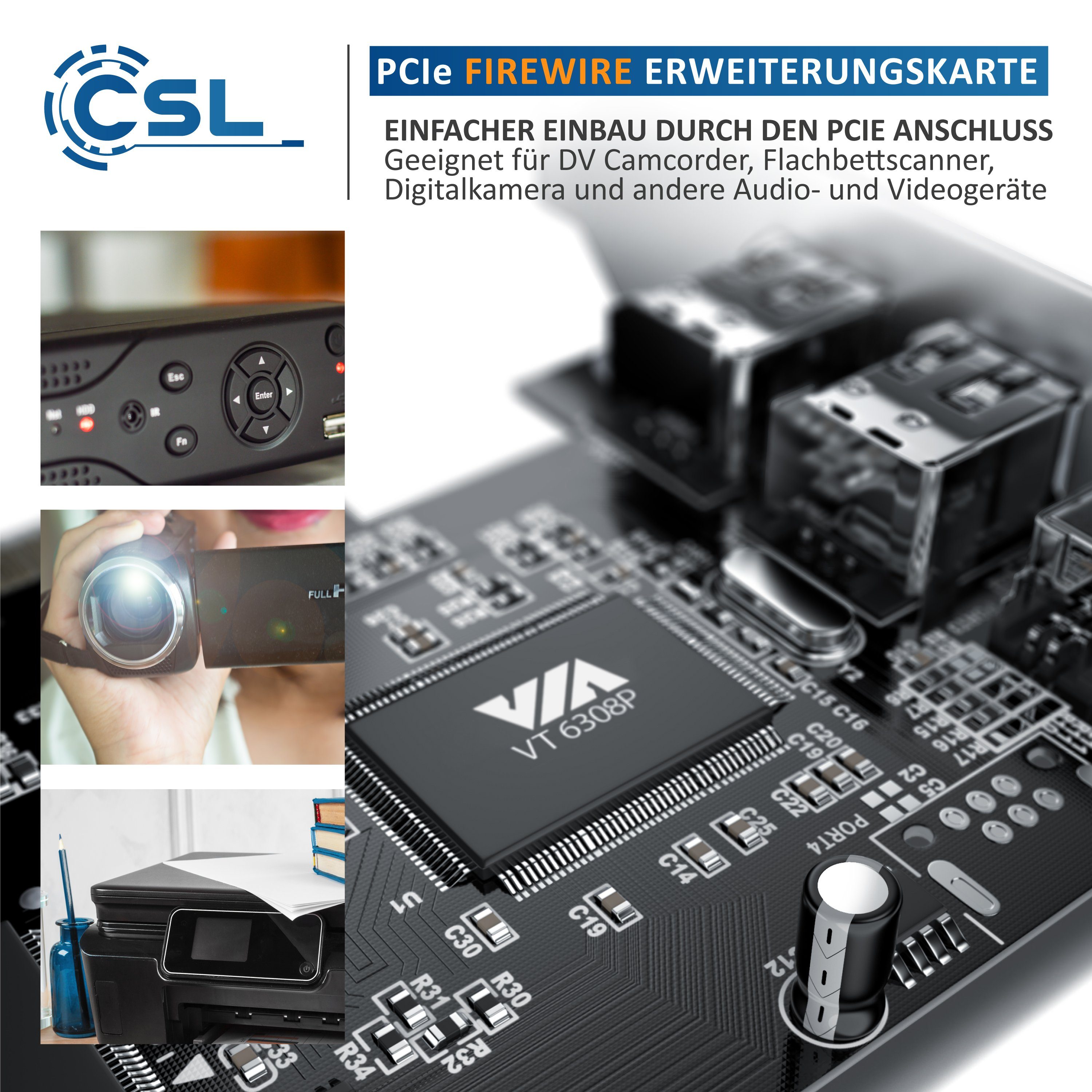 CSL PCI Firewire Karte, Erweiterungskarte, 1394a 1394b Controller Karte Netzwerk-Adapter, PCI-E 3 Anschlüsse, 2 x 6 Pin und 1 x 4 Pin für Desktop-PC