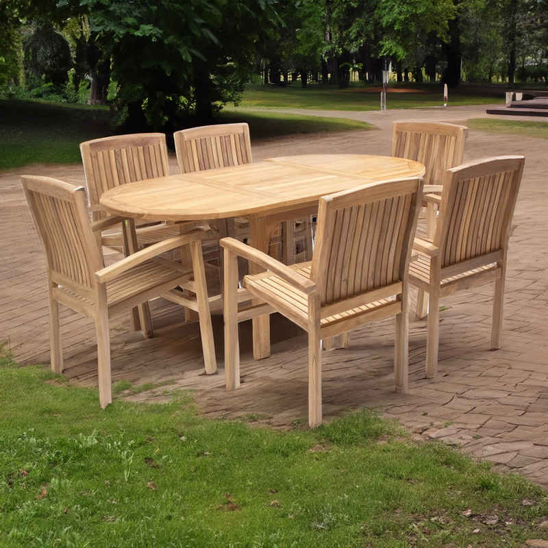 Endorphin Garten-Essgruppe Gartenmöbel Set 7tlg. Teakholz, Tisch oval, ausziehbar mit 6 Stühlen s, (7er-Set, 7-tlg., Gartentisch mit 6 Stühlen)