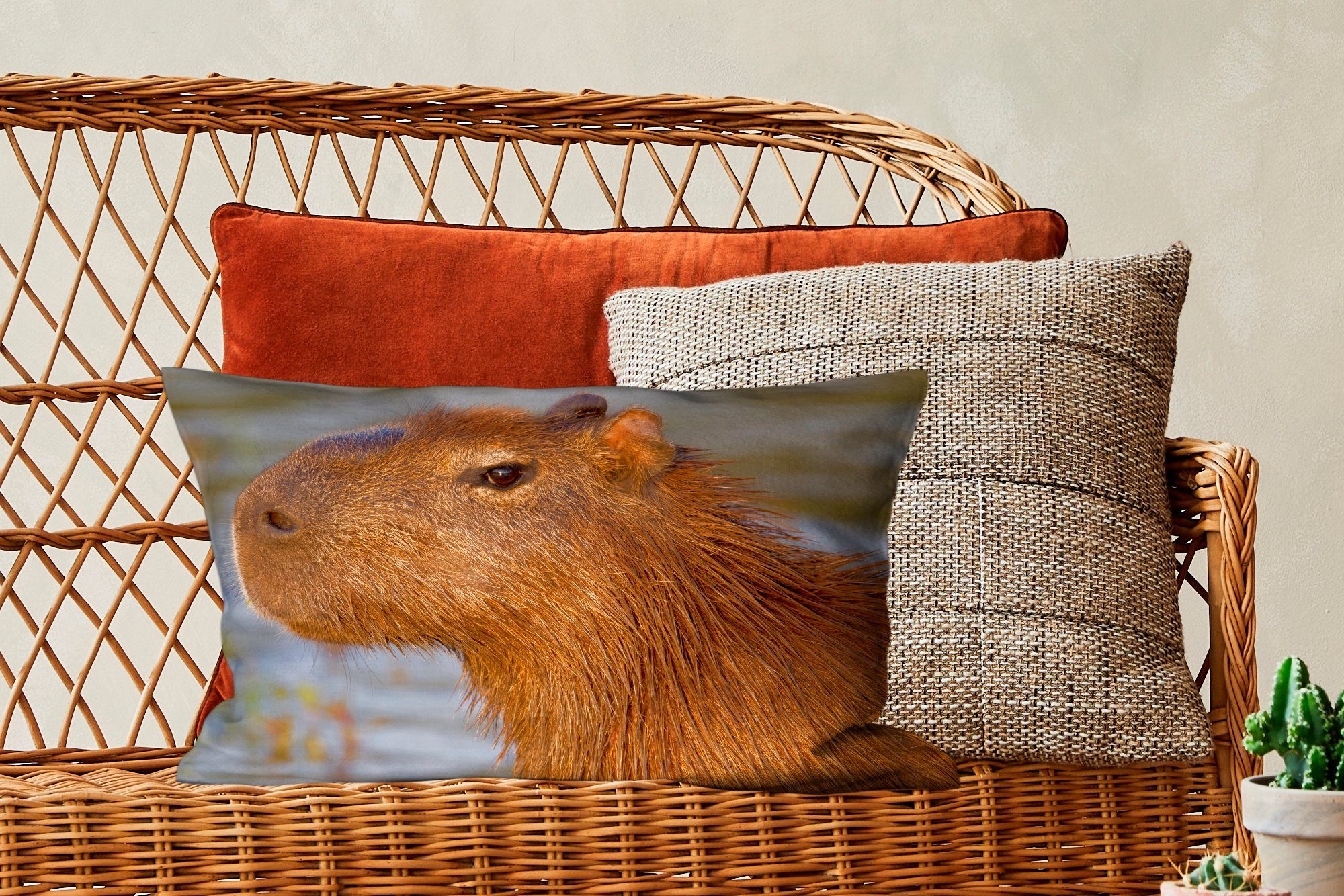Zierkissen, Dekoration, Nahaufnahme Eine Capybaras, Dekokissen mit Dekokissen Schlafzimmer MuchoWow eines Füllung, des Kopfes Wohzimmer