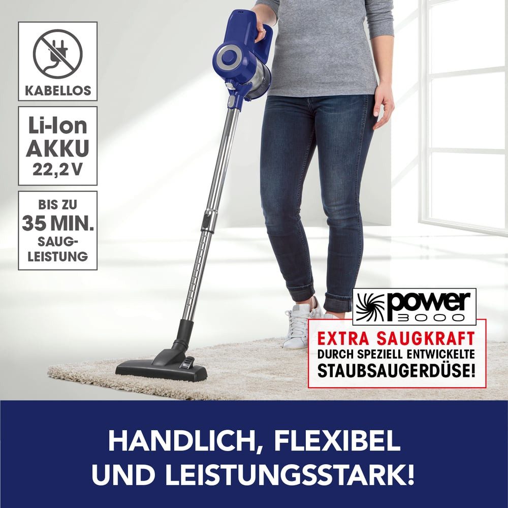 CLEANmaxx Akku-Hand-und Stielstaubsauger Zyklon Staubsauger blau / silber, 120 W, beutellos, beutellos, starker Akku