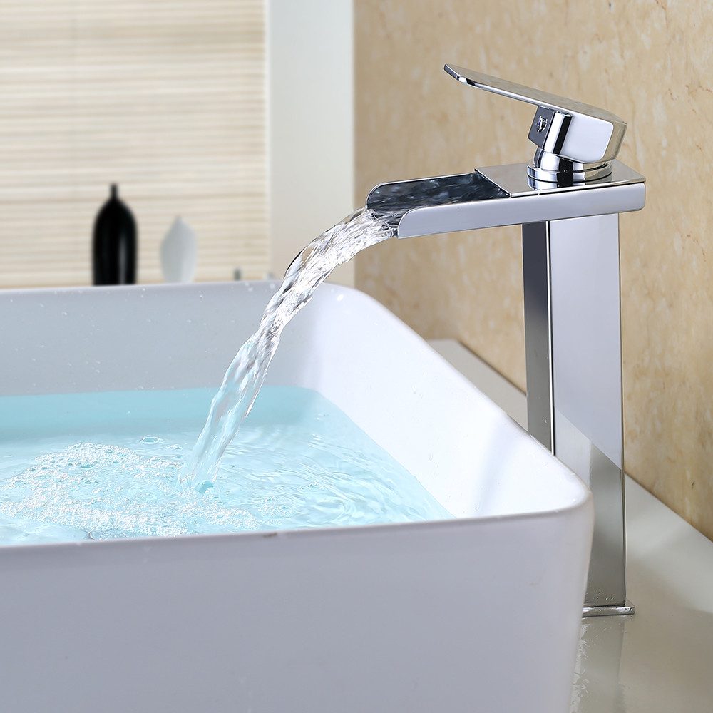 HOMELODY Badarmatur Wasserhahn Bad Wasserfall Hoch Wascbecken Armatur Mischbatterie Bad Waschtischarmatur Waschbeckenarmatur Armatur, chrom, Hoch