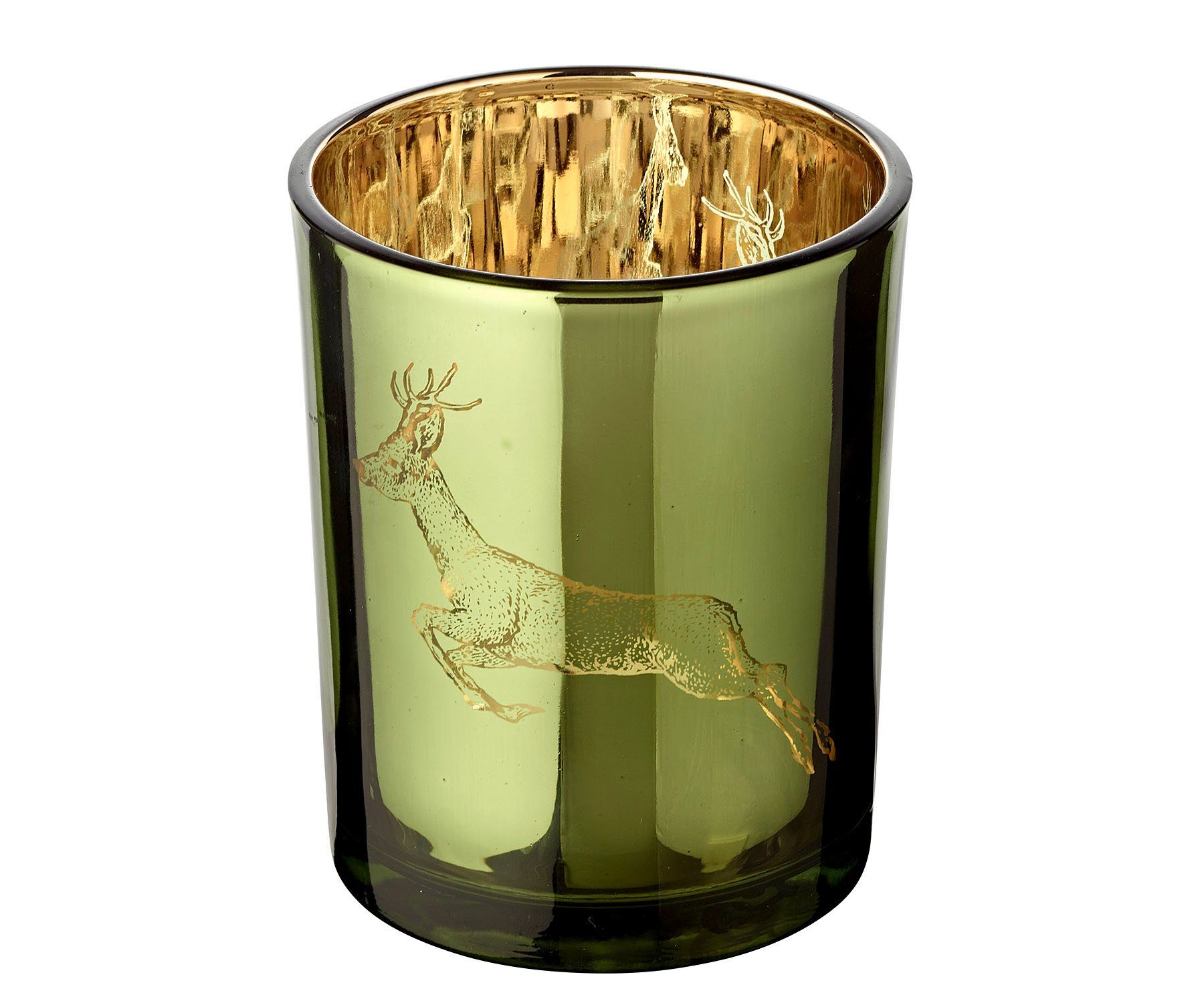 EDZARD Windlicht Sammy, Kerzenglas-Set für Teelichter mit Hirsch-Motiv in Gold-Optik, Kerzenhalter für Teelicht und Maxi-Teelicht, Höhe 13 cm, Ø 10 cm