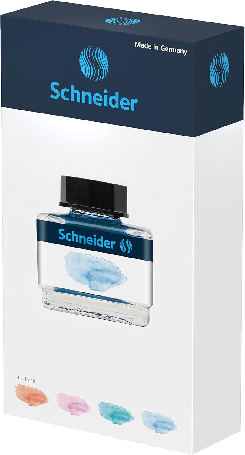 Schneider Füllhalter Pastell Tinte Geschenkset, für Füller 4 Farben à 15ml incl. Konverter