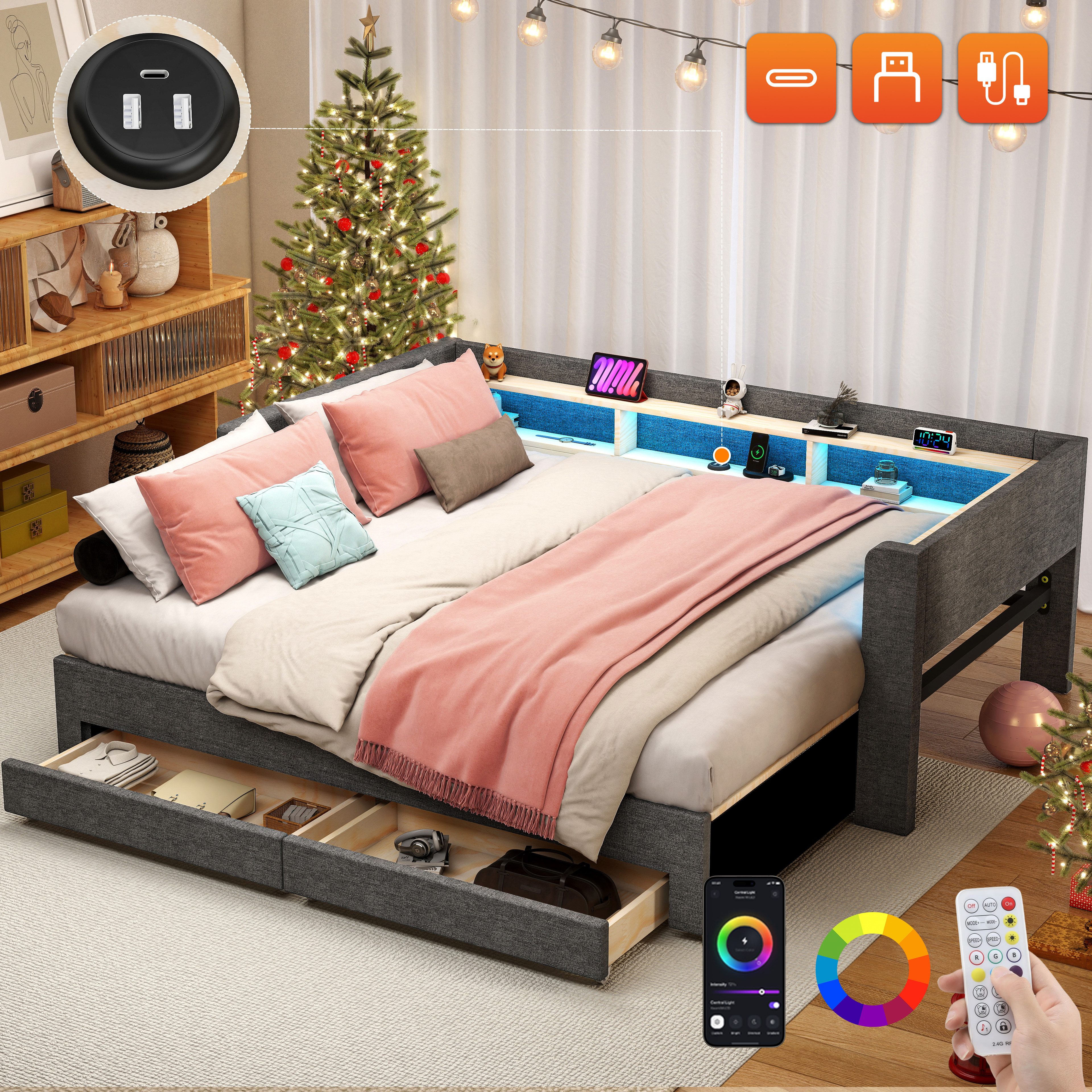 oyajia Polsterbett Daybett Tagesbett Ausziehbett mit LED-Beleuchtung (Quadr günstig online kaufen