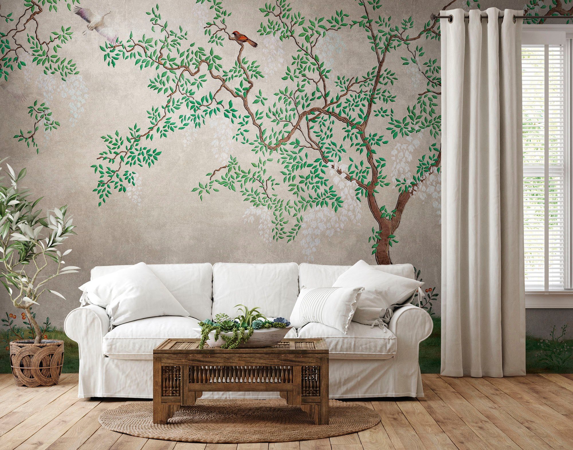 living walls Fototapete The Wall, glatt, asiatisch, Wald, animal print, Fototapete Landhaus Tapete Vögel Tapeten Wohnzimmer Design Wandtapete