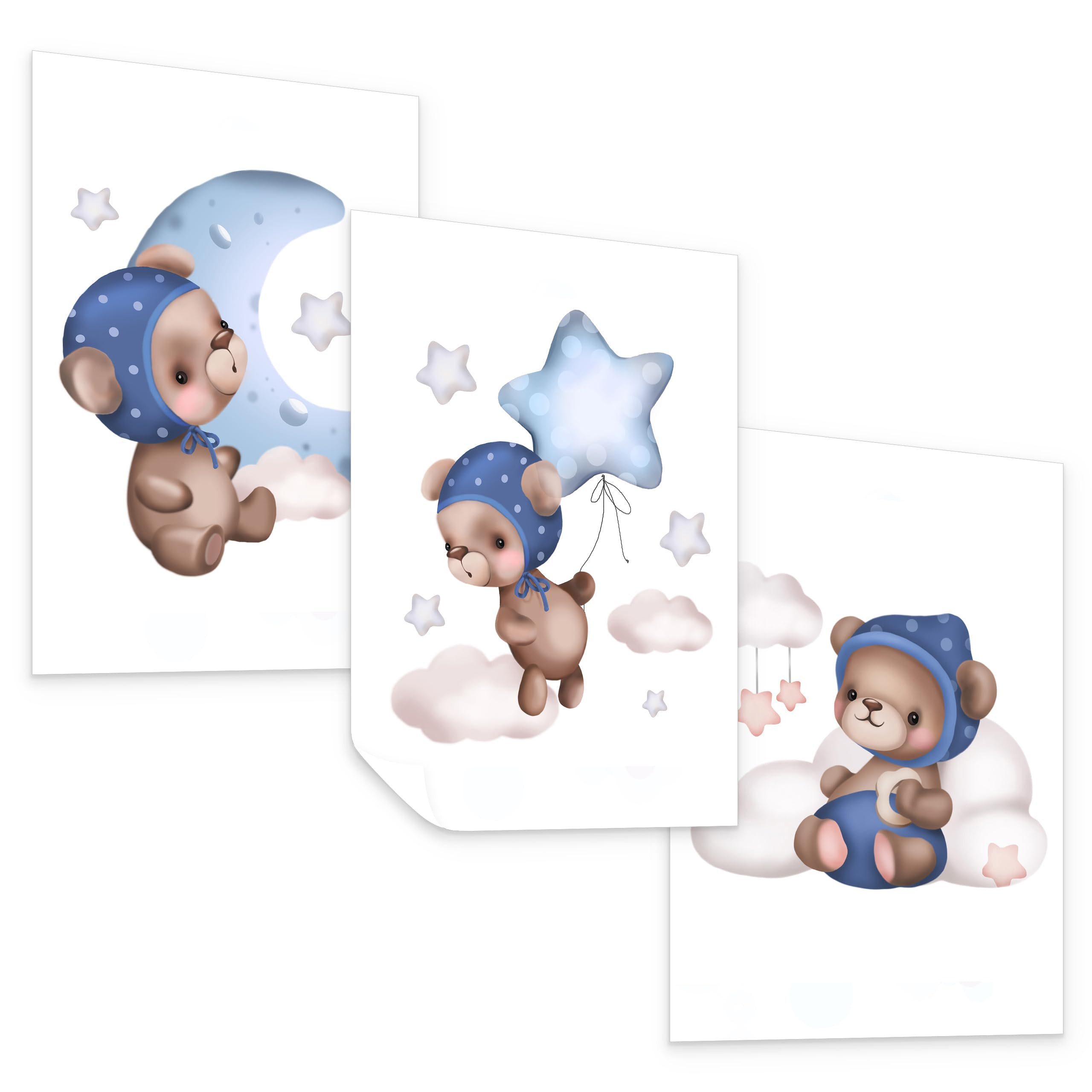Muralo Poster Abstrakt – 3er-Set Poster Wandbild Kunstdruck Wohnzimmer Schlafzimmer, Abstrakt (Set, 3 St), Teddybär in den Wolken, 3er-Set 21 x 30 cm, ohne Rahmen