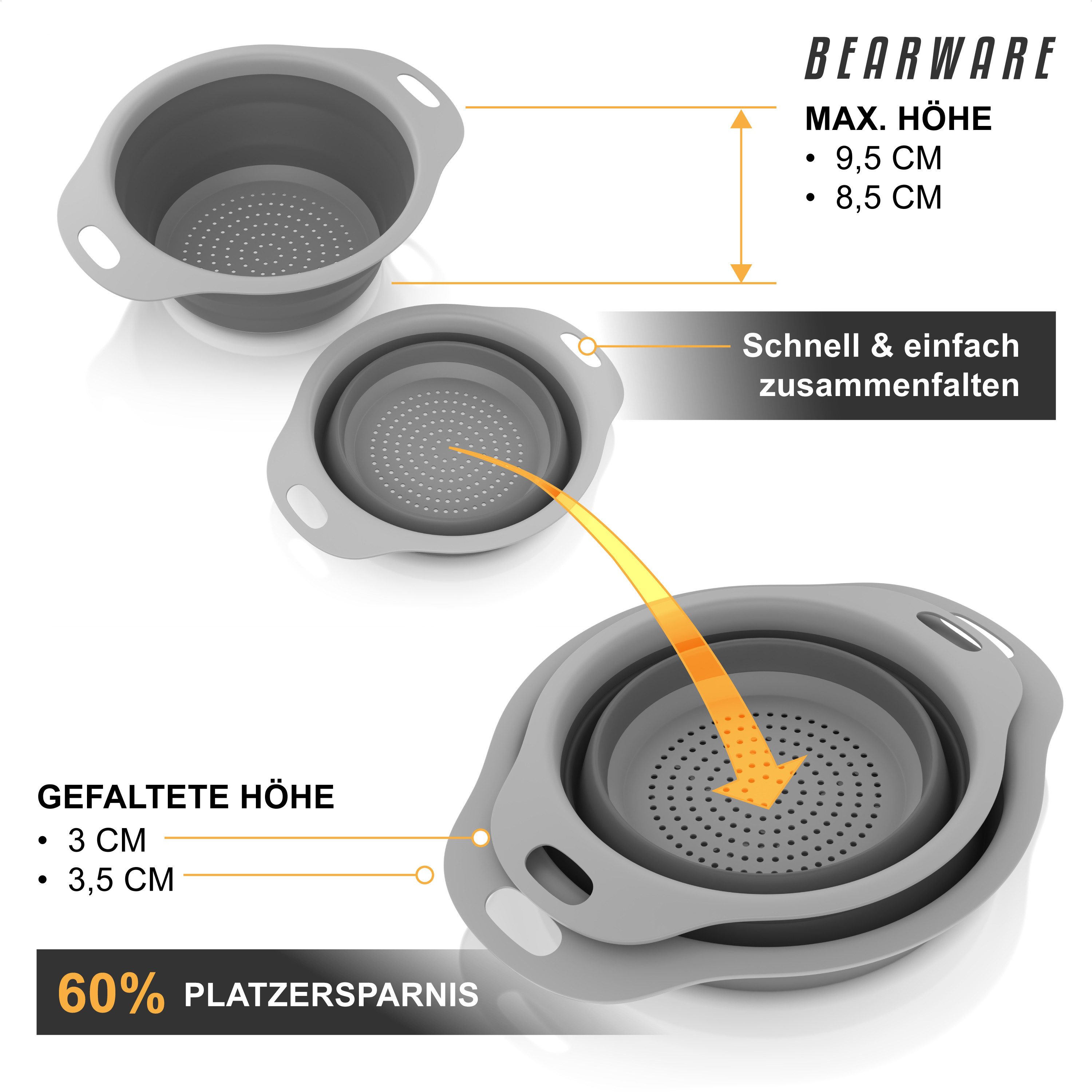 Arendo Seiher Abtropfsieb faltbar 2er Set 2,5 l + 1,4 l, Abtropfsschale, Haltegriffe, Kunststoff, (Set, 2-St., 2er Set Abtropfkörbe), Küchensieb faltbar, aufhängbar, PP & TPR, spülmaschinenfest bis 100 °C