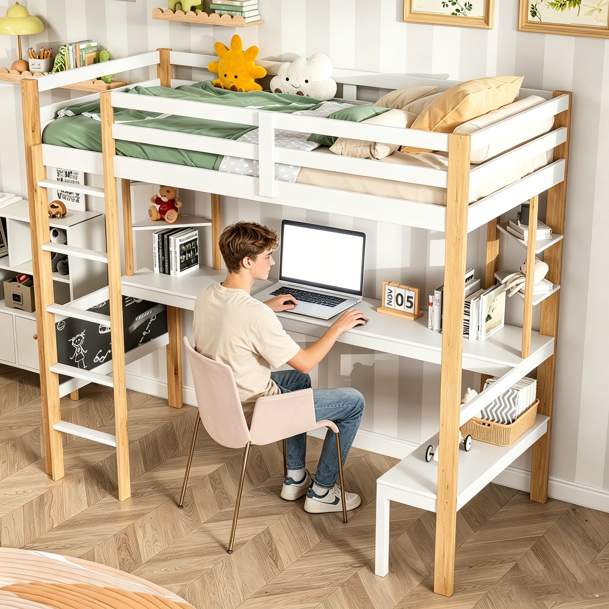 Simurq Hochbett Jugendbett 90x200 cm, Etagenbett, kinderbett mit Schreibtisch, Stabiles Massivholz Hochbett – Bild 4 von 5