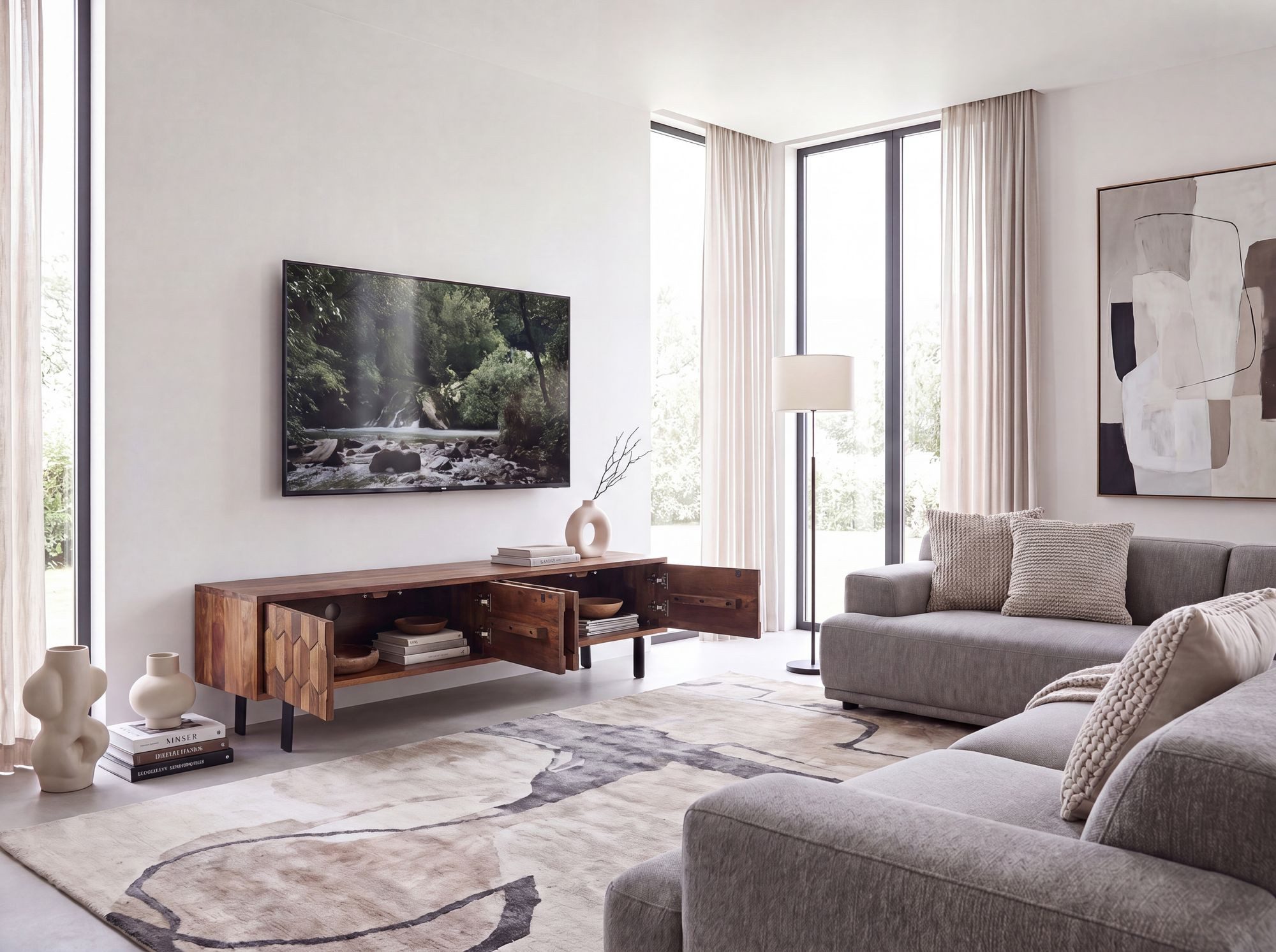 furnicato Lowboard Massivholz Walnuss Finish 160x40x35 cm Hellbraun (1 St), TV-Board mit 3D-Fronten, Kabeldurchlass und Push-to-open Funktion