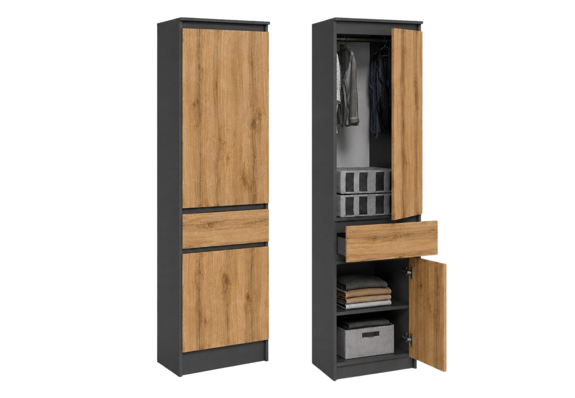 Home Collective Kleiderschrank Hochschrank Garderobenschrank Mehrzweckschrank Schrank schmal (50 cm breit, mit 1 Schubladen, Kleiderstange & Einlegeböden) Wäscheschrank, grifflose Front, optional mit Aufsatz Anthrazit-Eiche