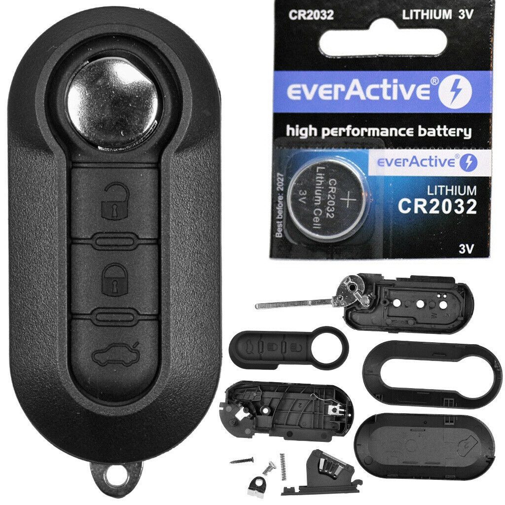 mt-key Klapp Schlüssel Ersatz Gehäuse 3 Tasten + 1x passende CR2032 Knopfzelle, CR2032 (3 V), für FIAT OPEL Citroen Peugeot Fiat ab 2006 Funk Fernbedienung