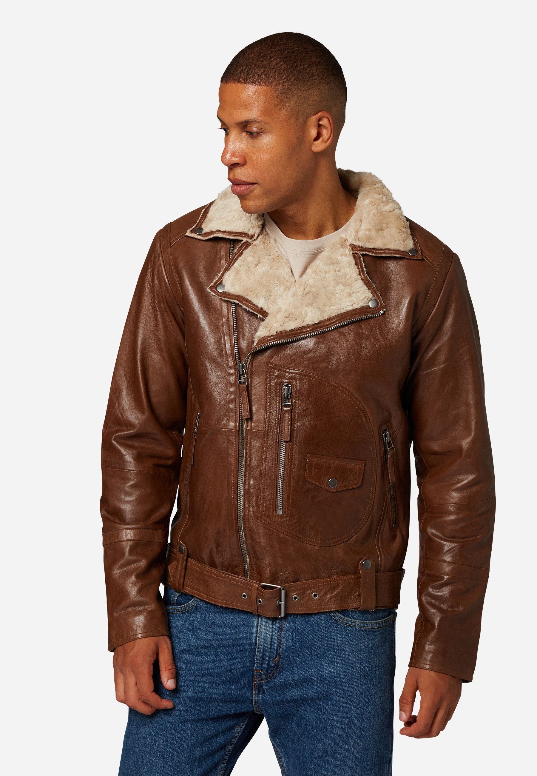 RICANO Lederjacke Harlem Kunstfell-Fütterung, Hochwertiges Lamm Leder Cognac