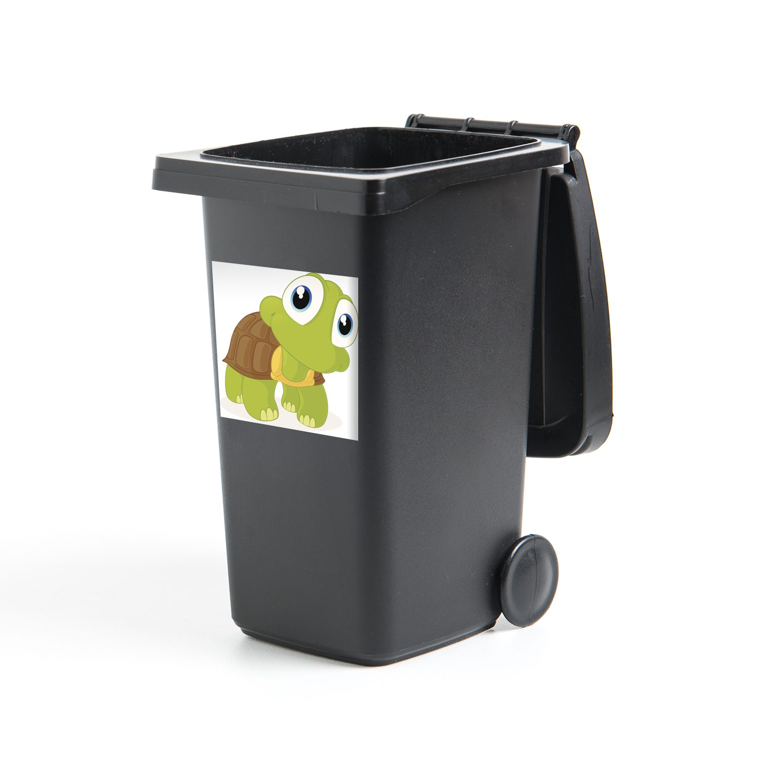 vorne Wandsticker Illustration schaut einer Abfalbehälter die Mülleimer-aufkleber, Mülltonne, Container, Sticker, St), (1 Schildkröte, nach grünen MuchoWow