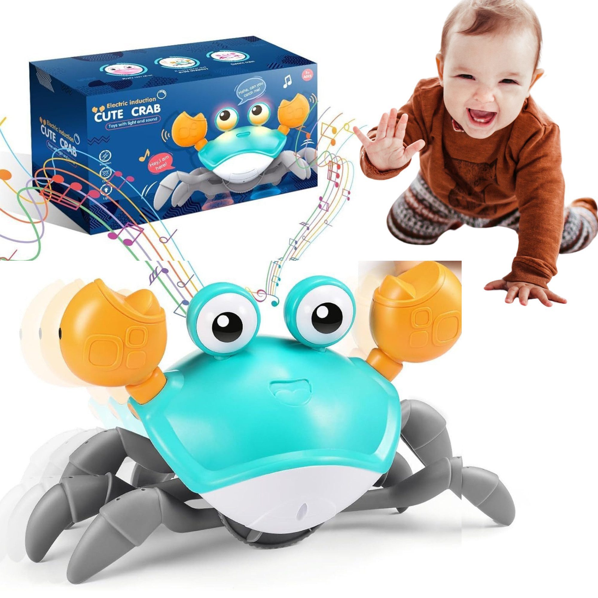 Vivitar Lernspielzeug Krabben-Babypielzeu Interaktives Lernspielzeug für Babys & Kleinkinder (Hand-Auge-Koordination, sensorische Entwicklung und Neugier, 40 Minuten Batterielaufzeit, sicheres ABS-Material), mit LED-Lichtern, Musik, Hindernisvermeidung, flexiblen Krallen