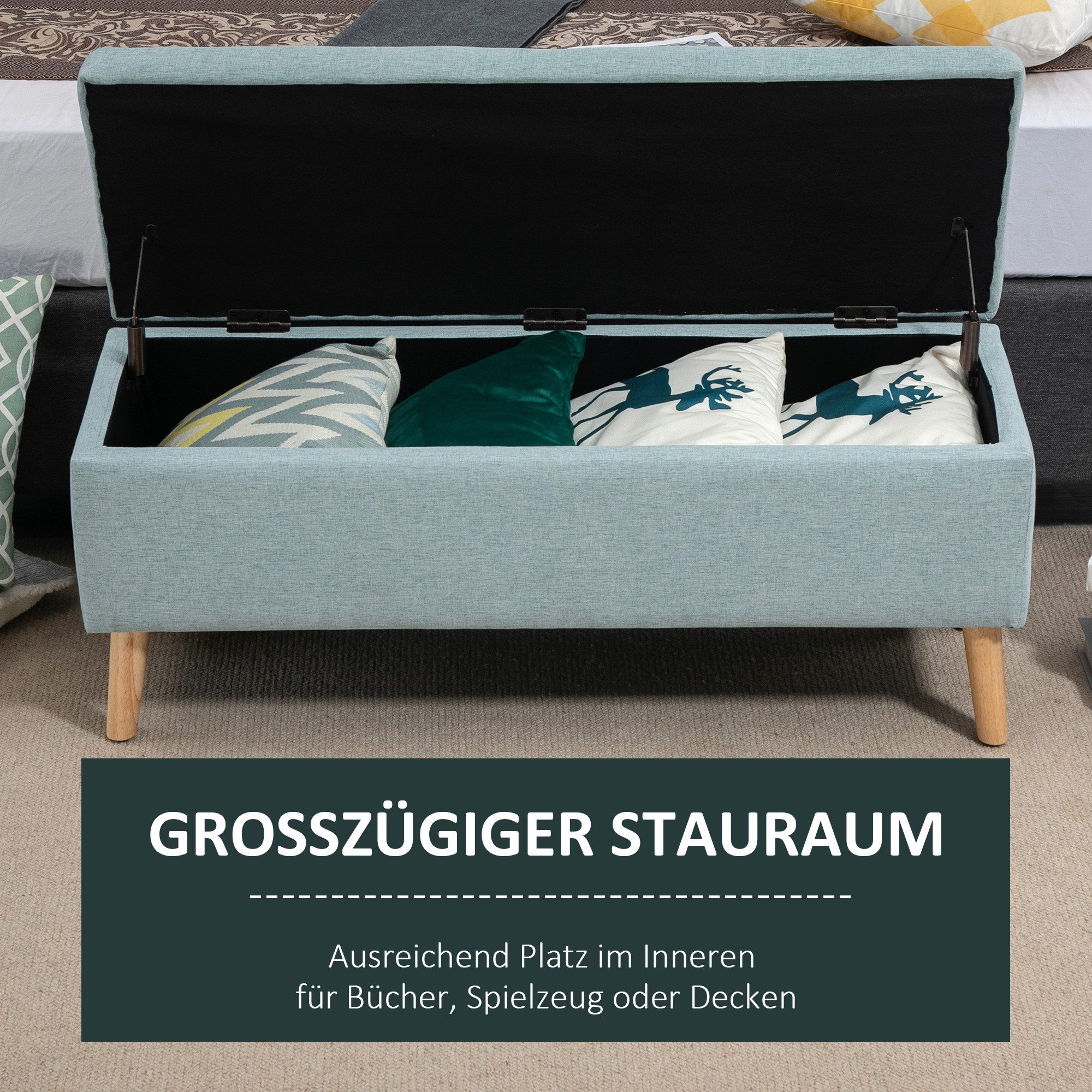 HOMCOM Sitzbank Polsterbank mit Leinenoptik, Sitztruhe mit Holzbeine (Truhenbank, 1-St., Polsterbank), Gummiholz Grün 110 x 39 x 45 cm – Bild 4 von 5