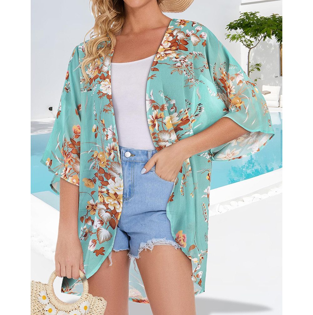 Zaewry Kimono Damen Kimono Cardigan, Sommer-Strandbluse, lockere Strandtunika, Floraler Druck, leichte Strandüberwurf, luftig für Urlaub und Strand – Bild 2 von 5