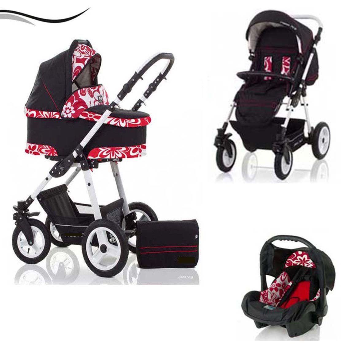 babies-on-wheels Kombi-Kinderwagen City Star 3 in 1 inkl. Autositz - 16 Teile - von Geburt bis 4 Jahre in 16 Farben Rot-Blume