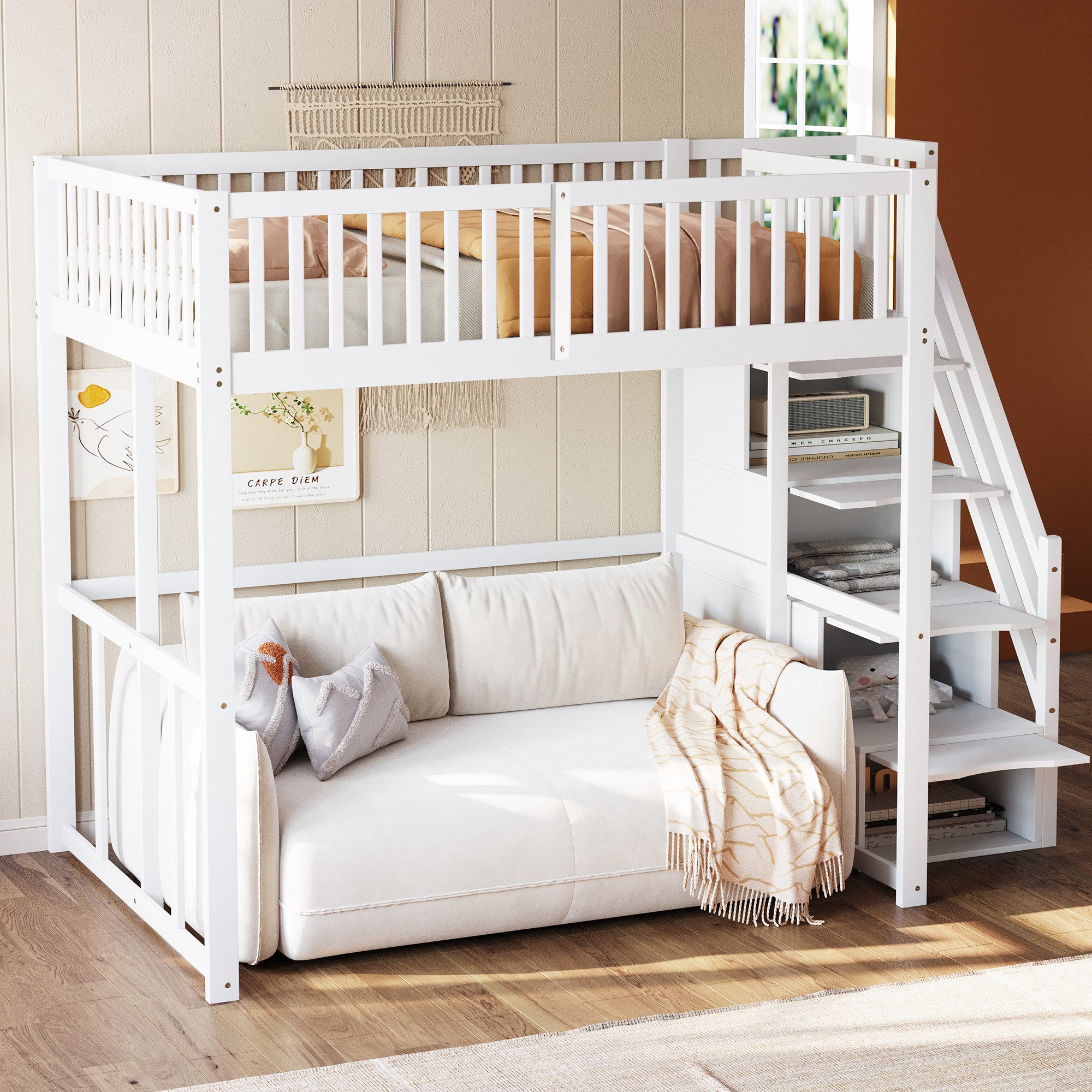 REDOM Kinderbett mit großem Kleiderschrank Regal und Tisch (Hochbett 1400x200 cm mit sicherer Aufbewahrungstreppe, stabilem Kiefernholzrahmen für Kinder & Jugendliche – Platzsparend, mit unterem Stauraum für Spielecke & Lernbereich – Ideales Kinderzimmermöbel, 140 x 200 cm), ohne Matratze