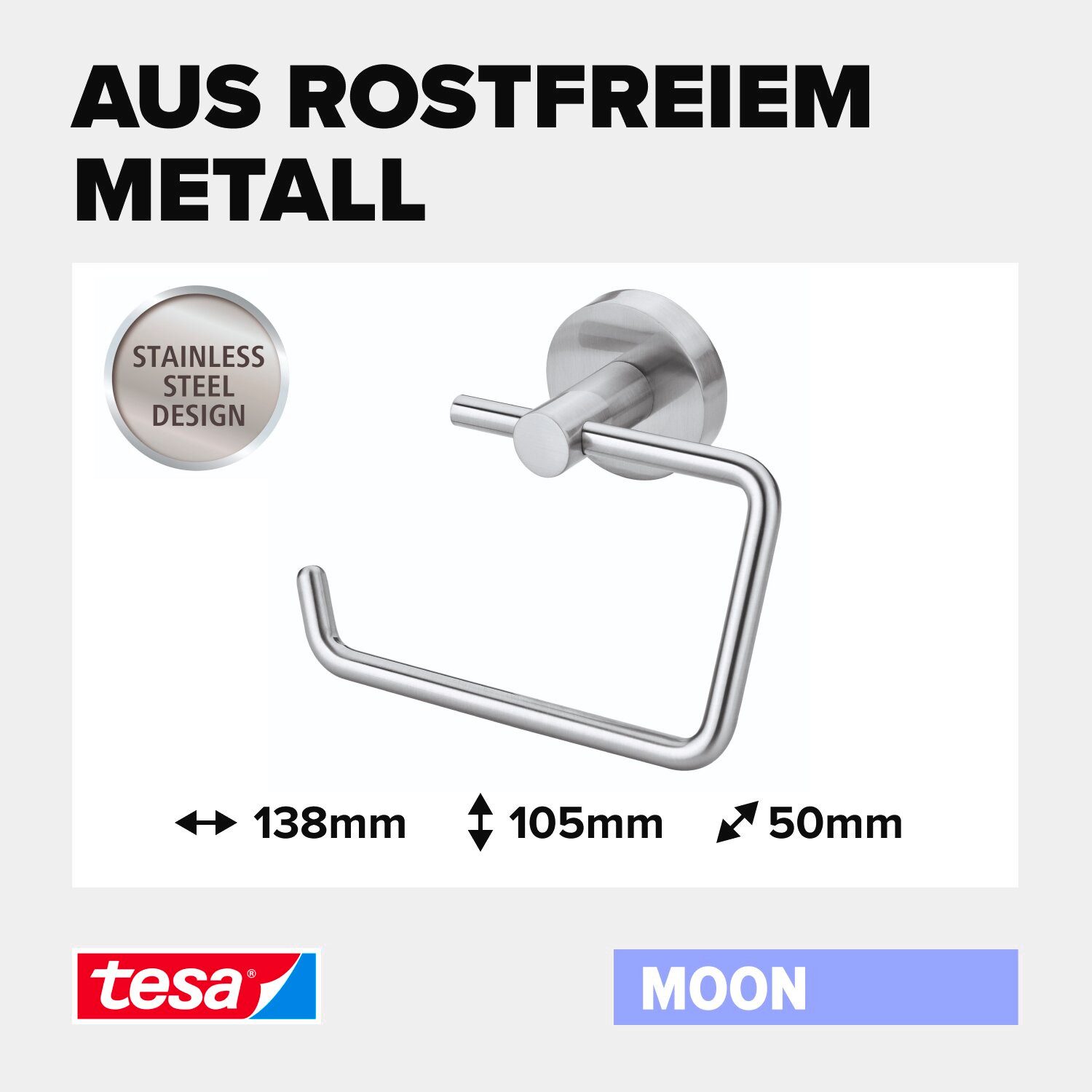 tesa Toilettenpapierhalter Toilettenpapierhalter ohne Bohren MOON Klopapierhalter WC Papierhalter (Packung, 1-St., inkl. Klebelösung), selbstklebende WC-Rollenhalter - Edelstahl - silber matt