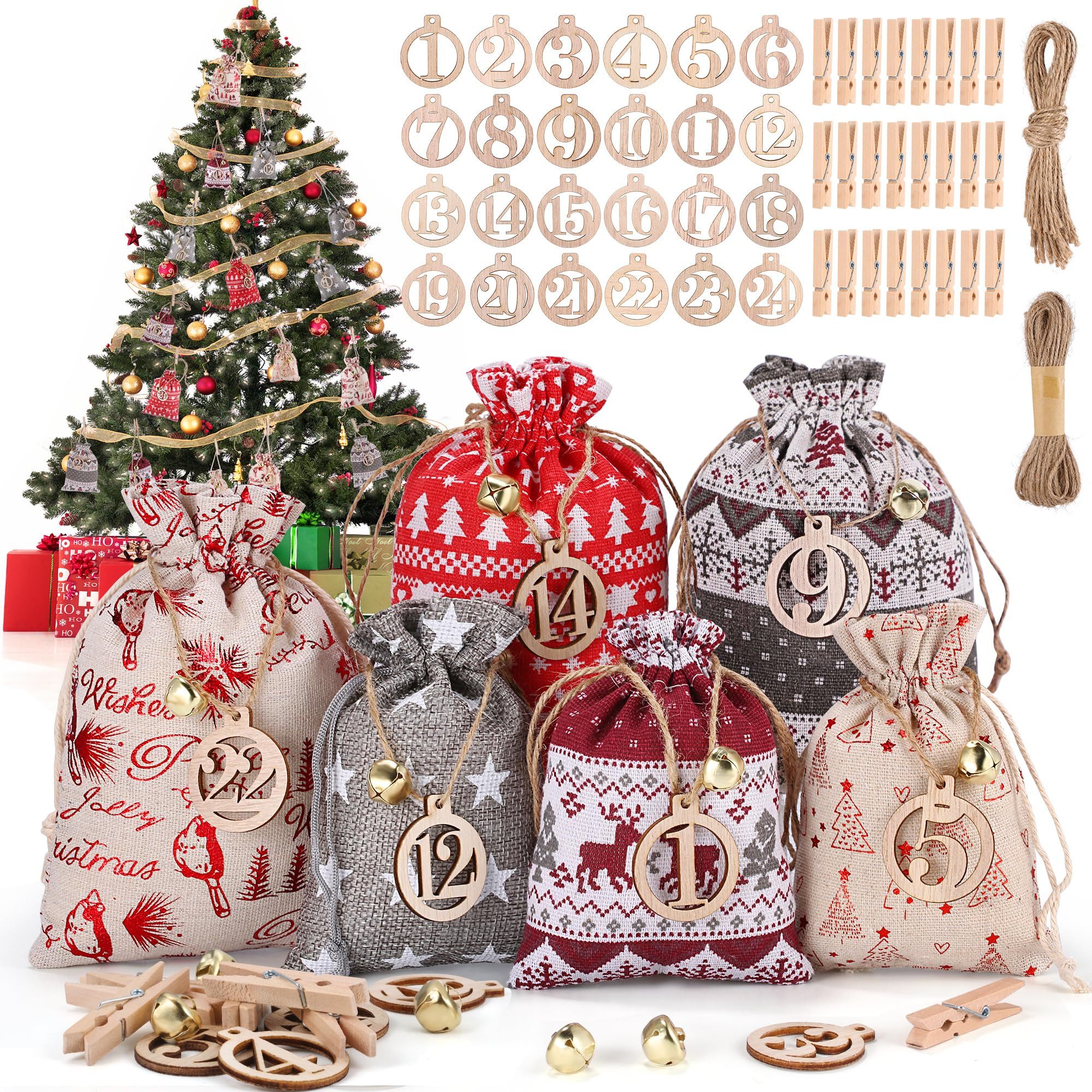 CLTYQ Adventskalender 24 Adventskalender zum Befüllen 2025, DIY Adventskalender Säckchen, Stoffbeutel mit Holzklammern, Hanfseil, Glocken …