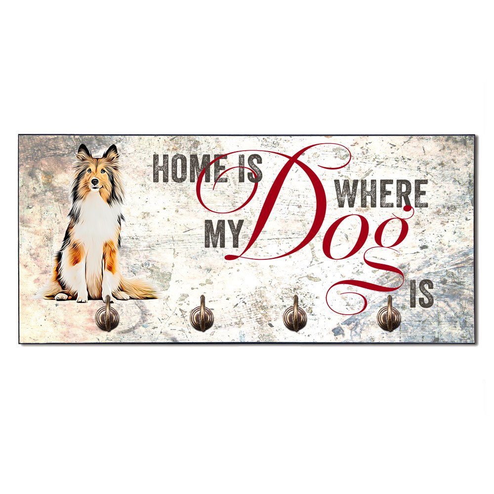 Cadouri Wandgarderobe COLLIE Hundegarderobe - Wandboard für Hundezubehör (Garderobe mit 4 Haken), MDF, mit abgeschrägten Ecken, handgefertigt, für Hundebesitzer