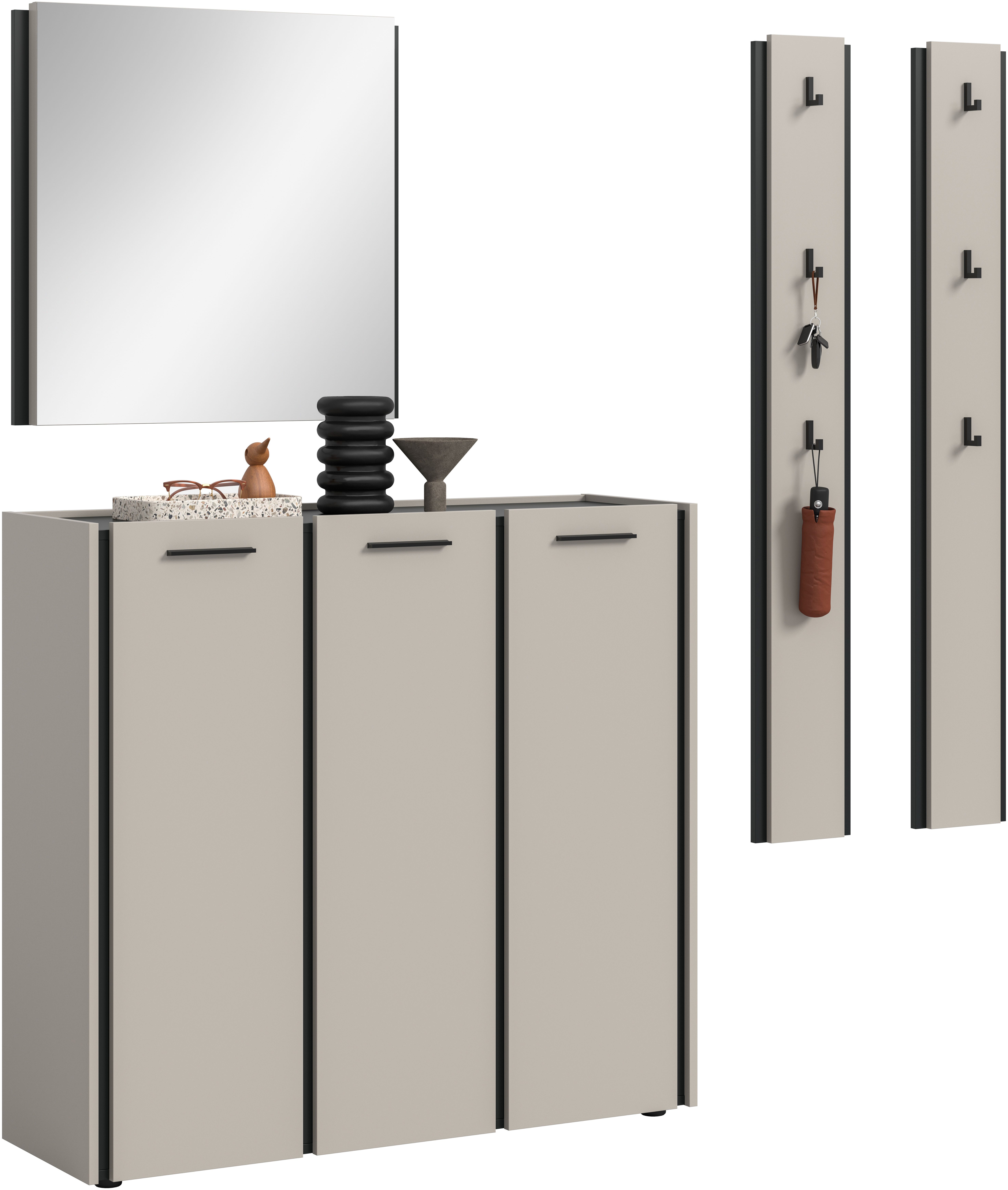 Home affaire Garderoben-Set RAK, 4-teilige Garderoben-Kombination, Breite ca. 180 cm, (4-St., Schuhkommode, Spiegel, 2x Hakenpaneel), Garderobenkombination, Kombination, Set, Flurgarderobe, Diele