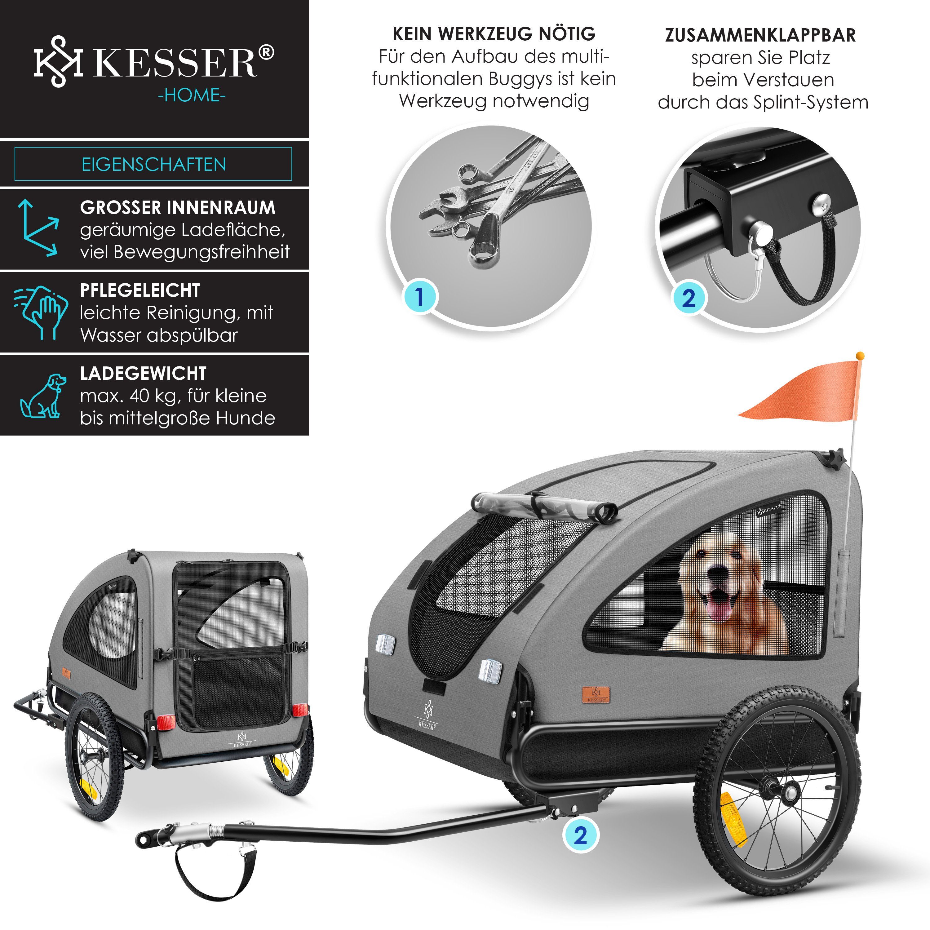 KESSER Fahrradhundeanhänger, Hundeanhänger Boxer 2-in-1 Hundebuggy Fahrradanhänger groß