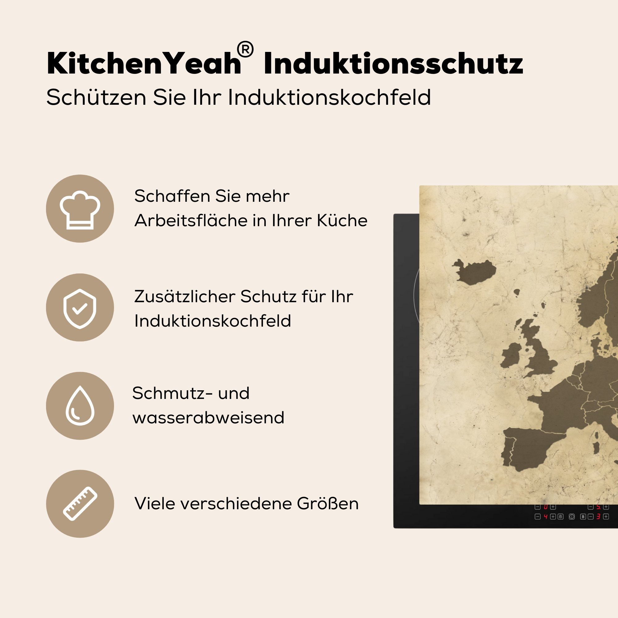 (1 Herdblende-/Abdeckplatte Karte Schutz küche, - Europa die MuchoWow für tlg), 81x52 - Induktionskochfeld Vinyl, cm, Kompass, Ceranfeldabdeckung