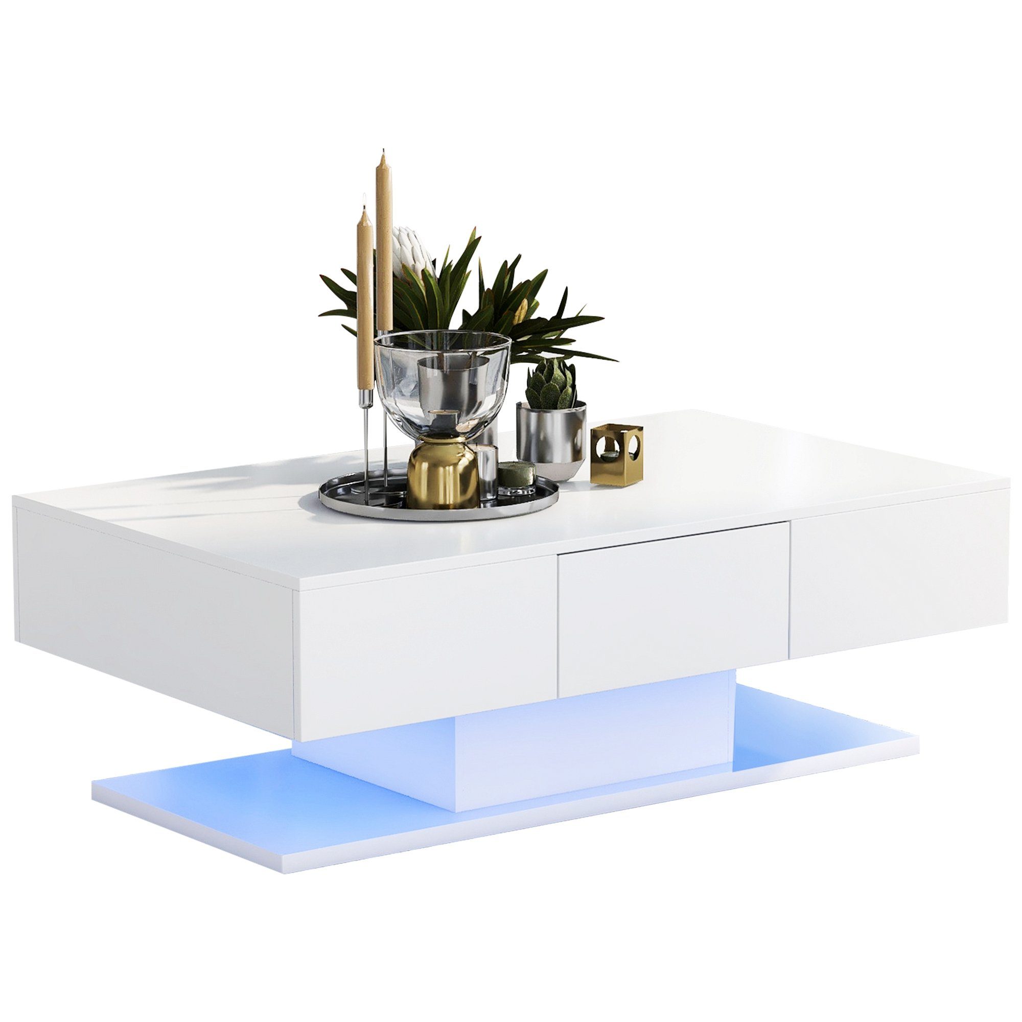 Celya Couchtisch weiß Wohnzimmer 2 LED Teetisch Schubladen Büro große Sofas Tee Schubladen moderne Wohnzimmer Schreibtisch, mehrere