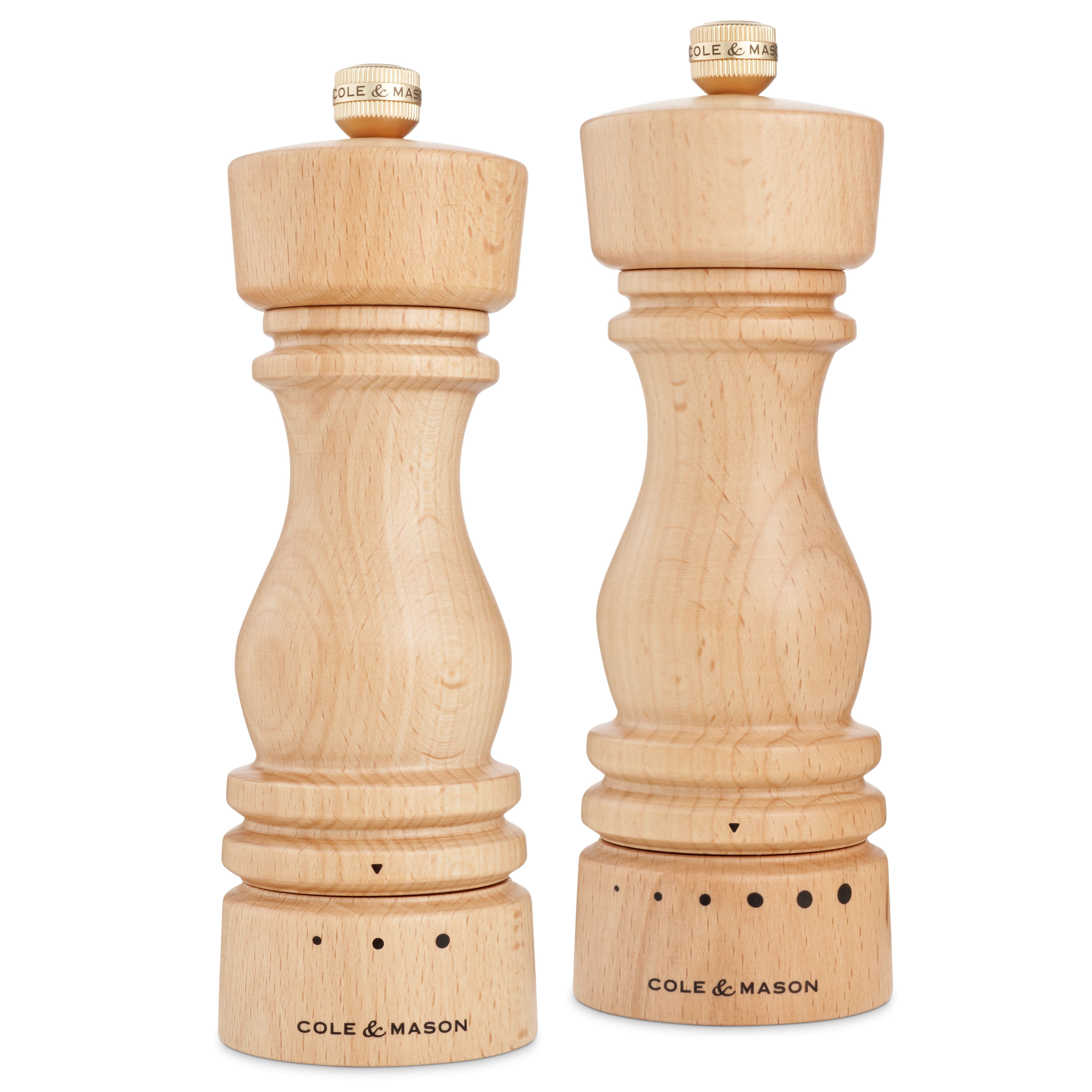 Cole & Mason Salz-/Pfeffermühle Set aus Buchenholz mit Mahlgrad-Auswahl London, Precision+ Karbonstahlmahlwerk, korrosionsbeständiges Keramikmahlwerk