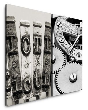 Sinus Art Leinwandbild 2 Bilder je 60x90cm Schreibmaschine Buchstaben Zahnräder Uhrwerk Zeit Schwarz Weiß Uhr