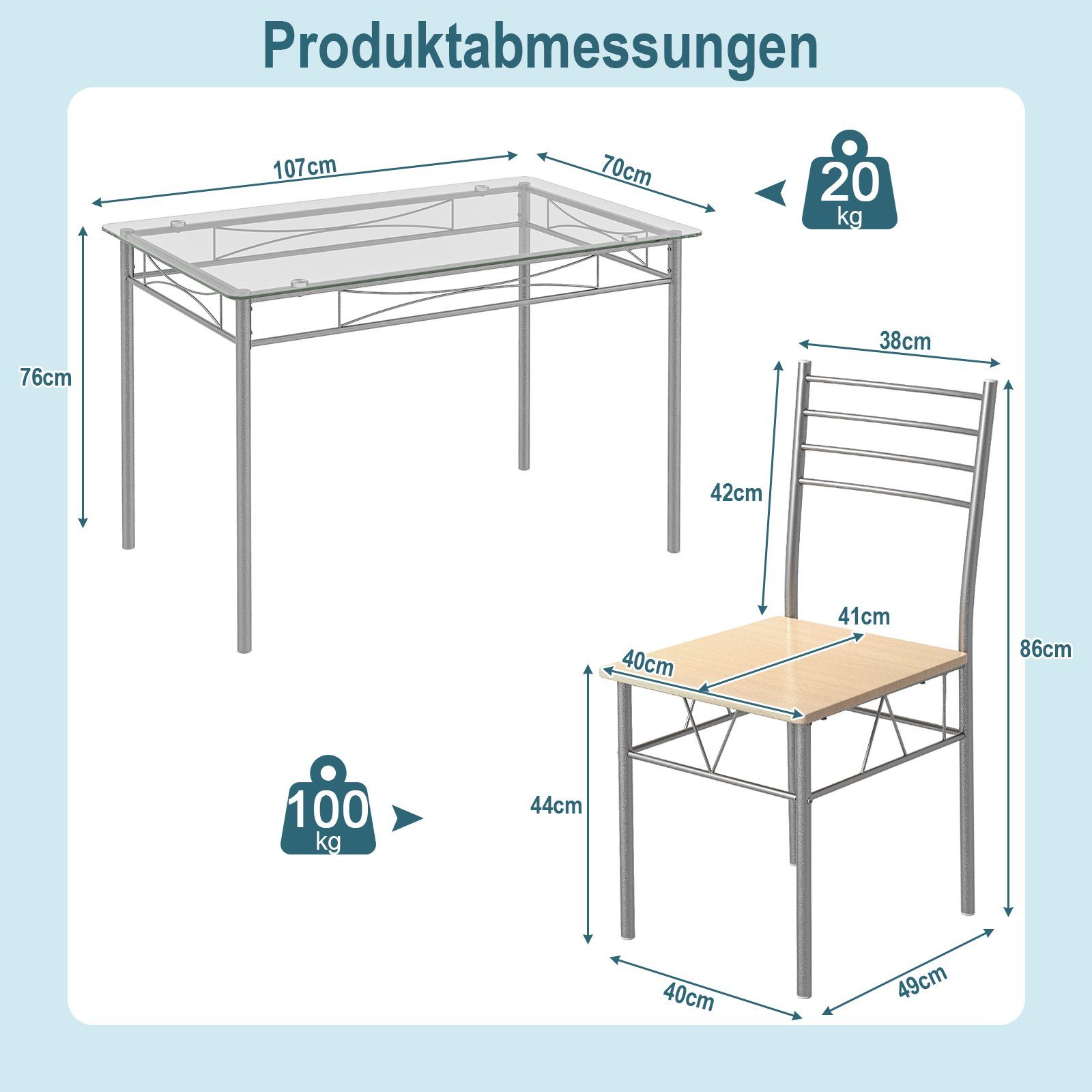 COSTWAY Essgruppe, 5 tlg. mit Stühlen, Esstisch aus Glas 4 Metall Set &