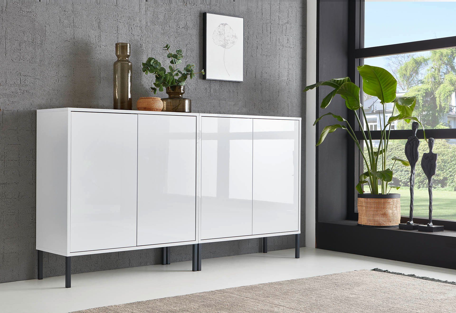 BMG Möbel Sideboard Mailand Set 2 (Kommode Anrichte Aktenschrank, mit hochwertigen Metallfüßen), Push-to-Open-Funktion