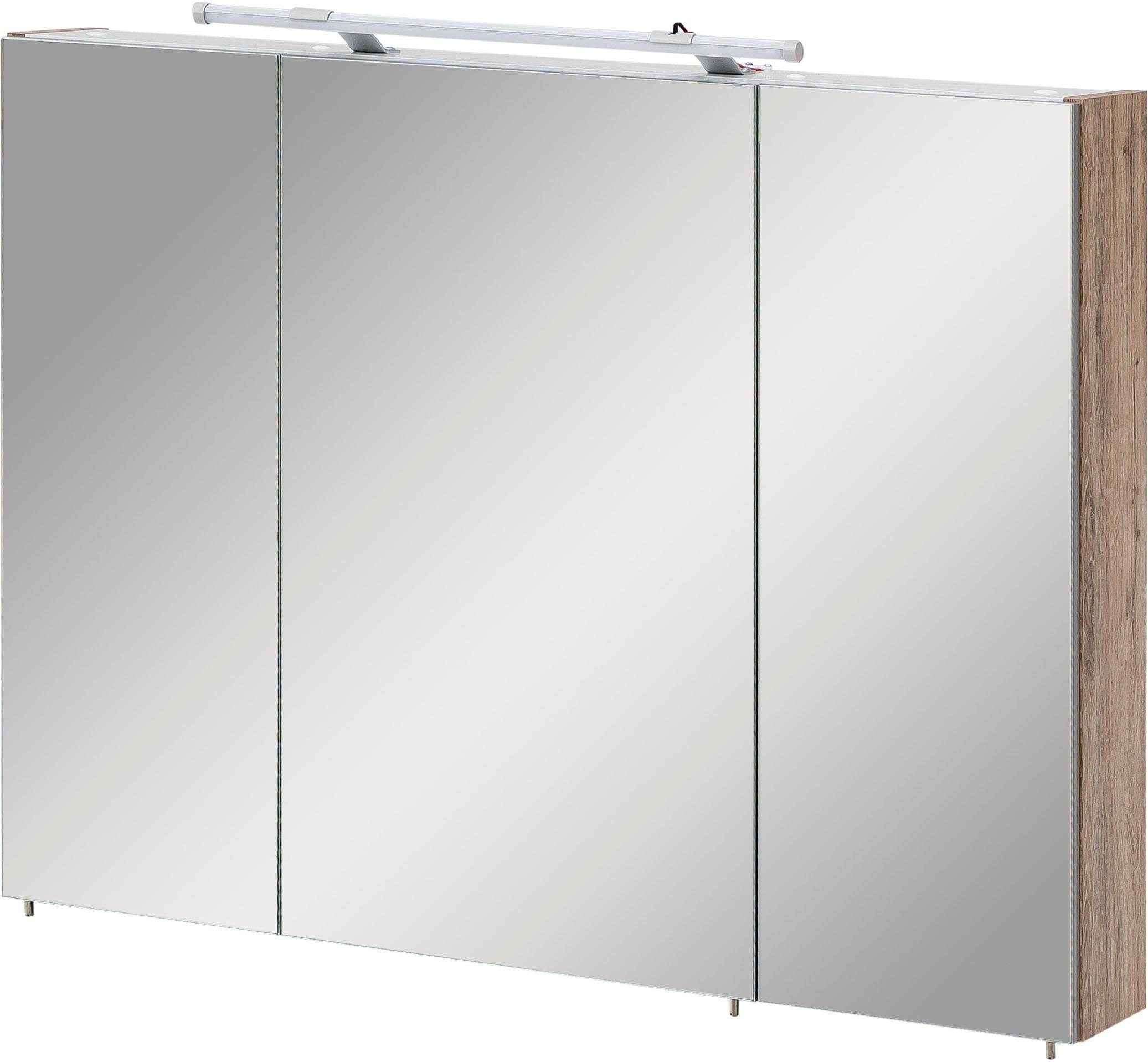 Schildmeyer Spiegelschrank Dorina, mit höhenverstellbaren Glasböden Breite 90 cm, 3-türig, LED-Beleuchtung, Schalter-/Steckdosenbox