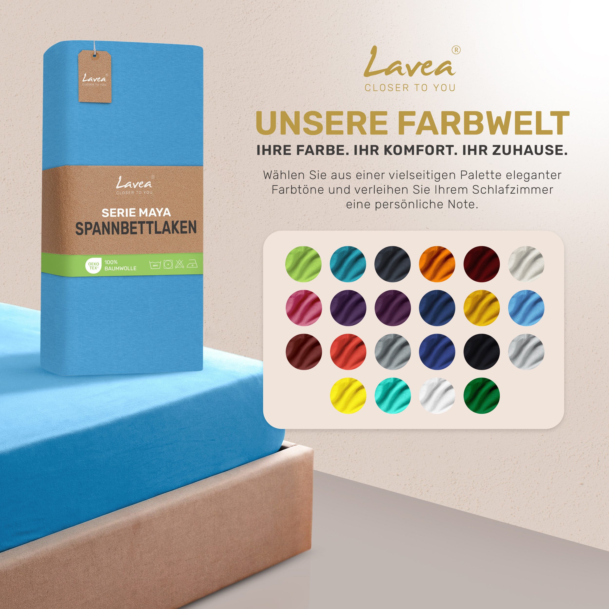 Lavea Spannbettlaken Bettlaken Maya, 180x200cm, 200x200cm, 140x200cm, 160x200cm, 100% Baumwolle Jersey, Gummizug: rundum, (1 Stück), für Matratzen, Topper, Boxs – Bild 4 von 5