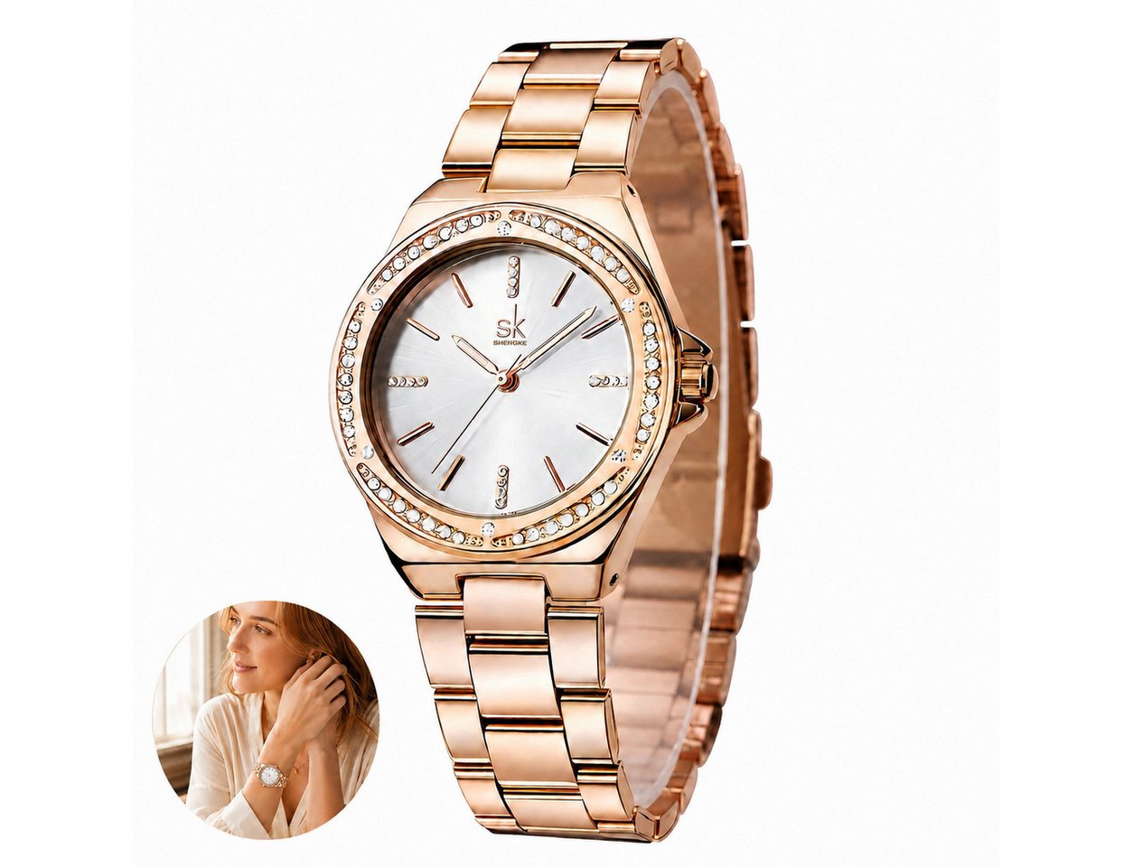 Toomoke Quarzuhr Damenuhr Roségold mit Kristallen, 34 mm, Edelstahlarmband, (Packung, Präzises Quarzwerk & 3ATM Wasserdichtigkeit für Alltag und Beruf), Kristallbesetzte Lünette für glamourösen Look