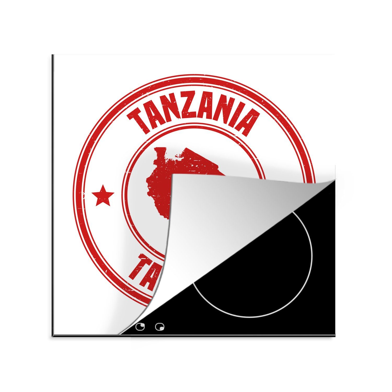 78x78 Ceranfeldabdeckung, Tansania cm, einer (1 Arbeitsplatte küche Vinyl, darauf, mit Illustration MuchoWow tlg), Herdblende-/Abdeckplatte für Briefmarke Eine roten