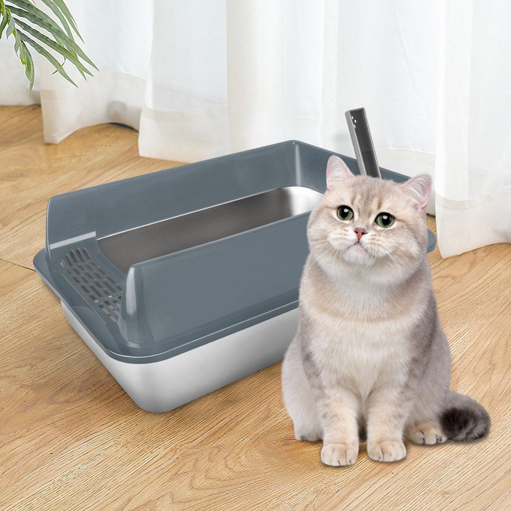JEOBEST Katzentoilette Katzenklo Edelstahl XL, Offene Katzenklo, Nicht klebrig, mit Pedals und Schaufel, Geruchsfrei und langlebig