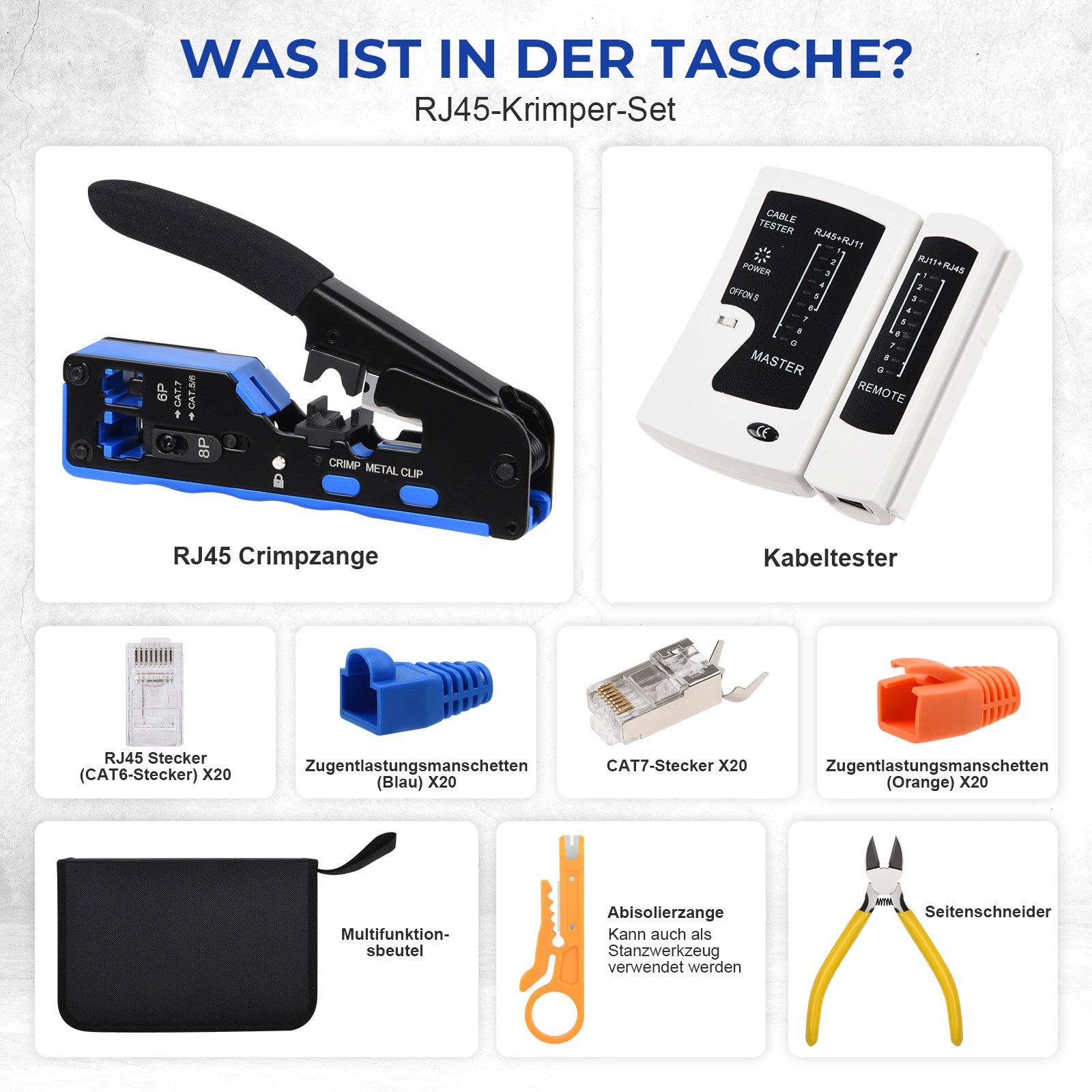 Thumbnail - JOYOLEDER Gripzange Netzwerk Werkzeug Set, Pass Through RJ45 Crimpzange für Cat6 Cat7, mit 40x Cat6/Cat7 Kabel Stecker, ...