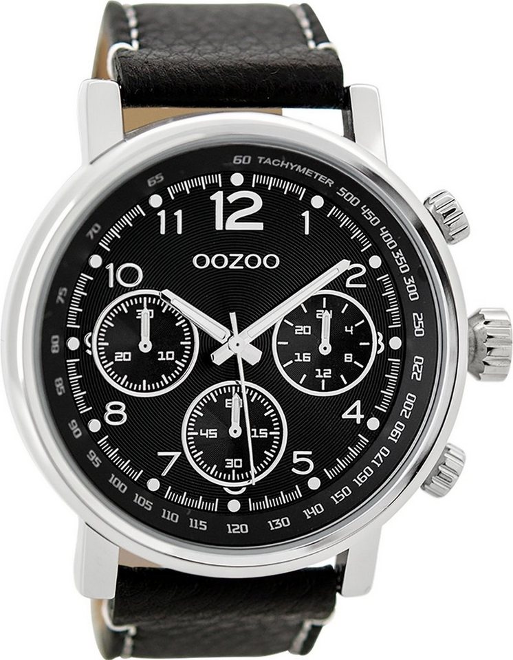 OOZOO Quarzuhr Oozoo Herren Armbanduhr schwarz Analog, Herrenuhr rund,  extra groß (ca. 48mm) Lederarmband, Casual-Style