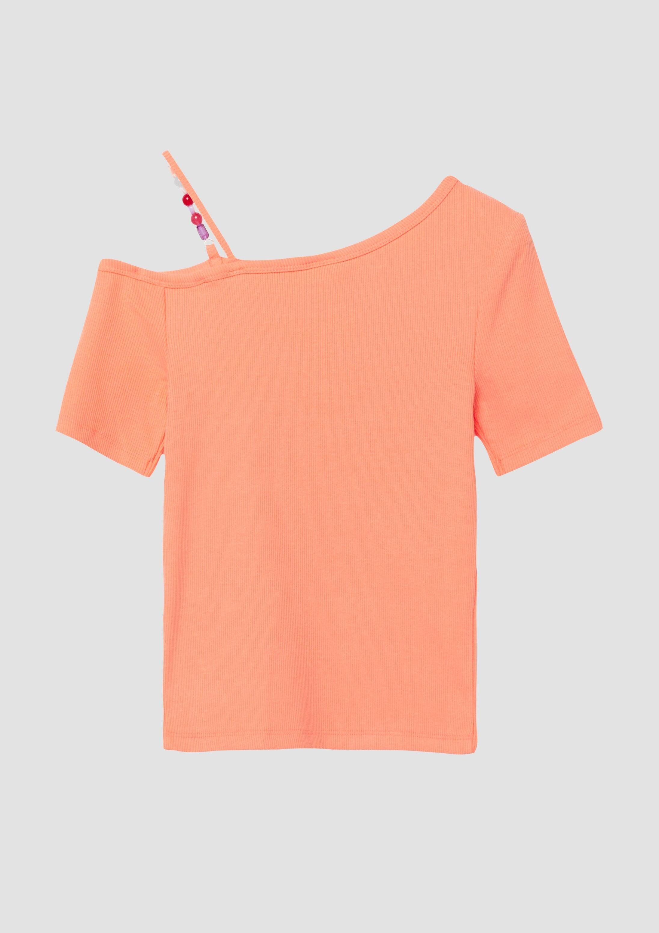 s.Oliver Kurzarmshirt T-Shirt Rippshirt mit asymmetrischem Ausschnitt und Schmuckperlen