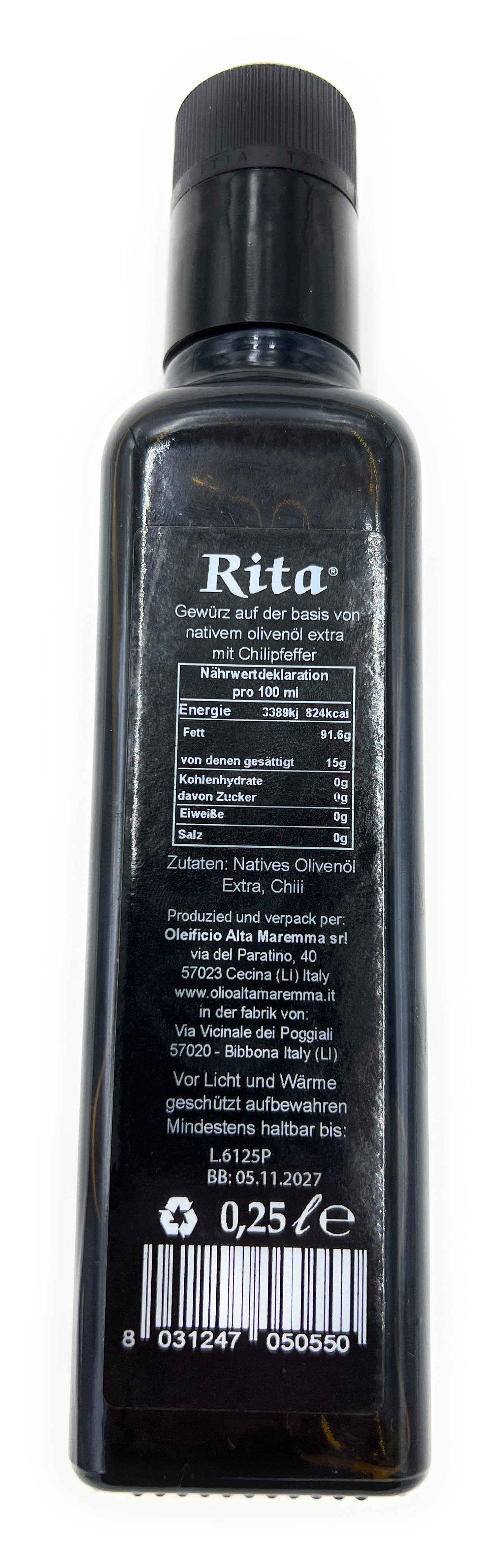 Rita Speiseöl Natives Olivenöl Extra Peperoncino 250 ml Italienisches Chili-Olivenöl, 1 x 0,25 l